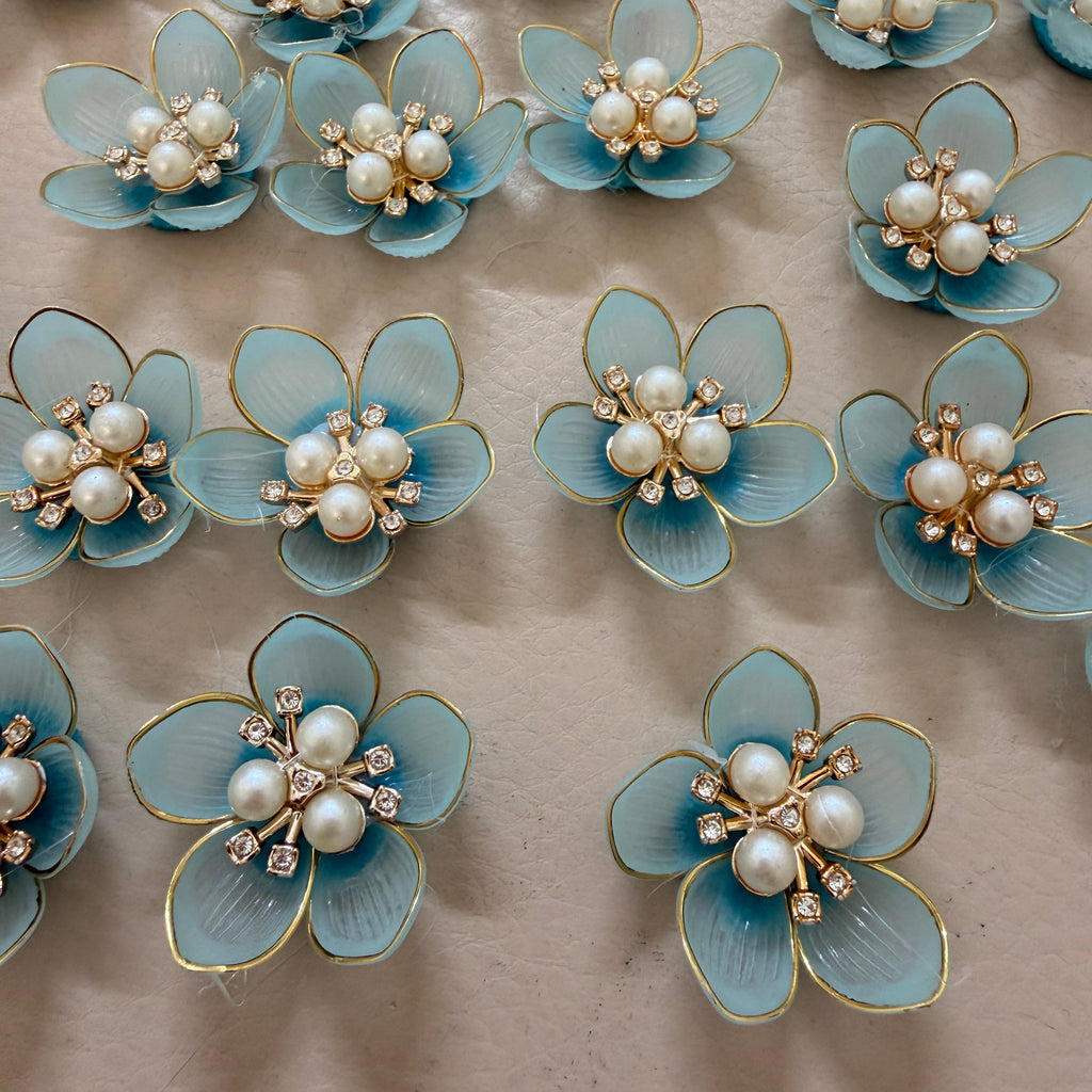 Sky Blue with Gold Floral Pearl Applique Patches – Pack of 10 Pcs