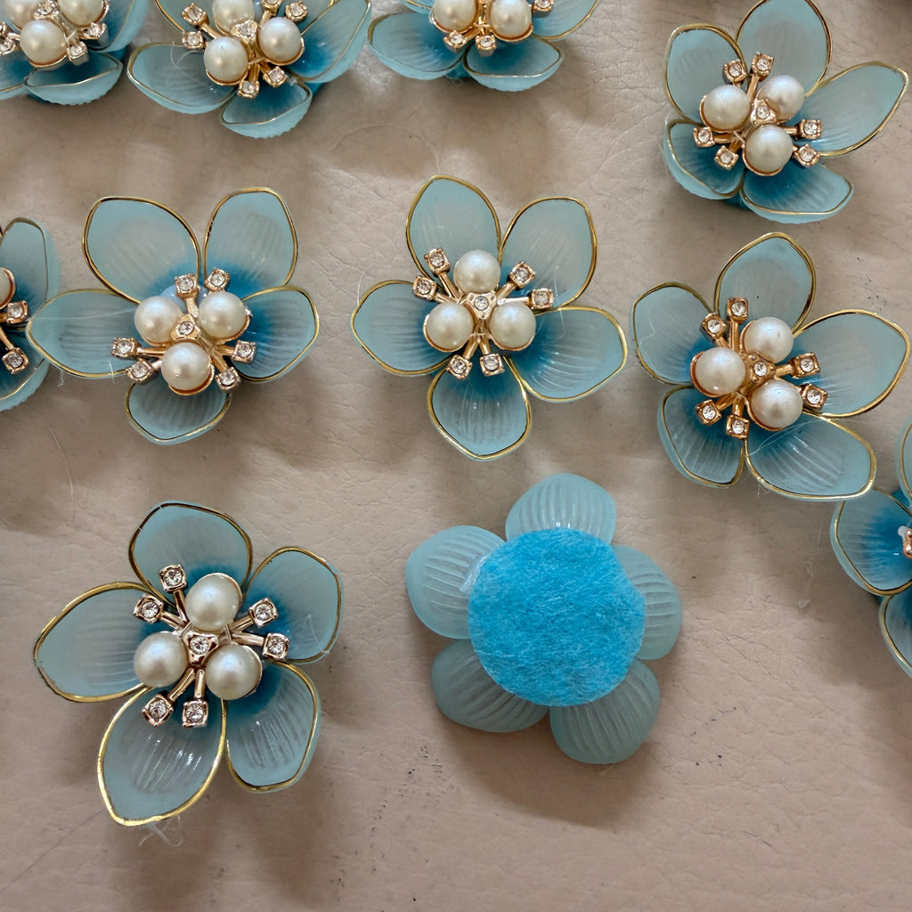 Sky Blue with Gold Floral Pearl Applique Patches – Pack of 10 Pcs