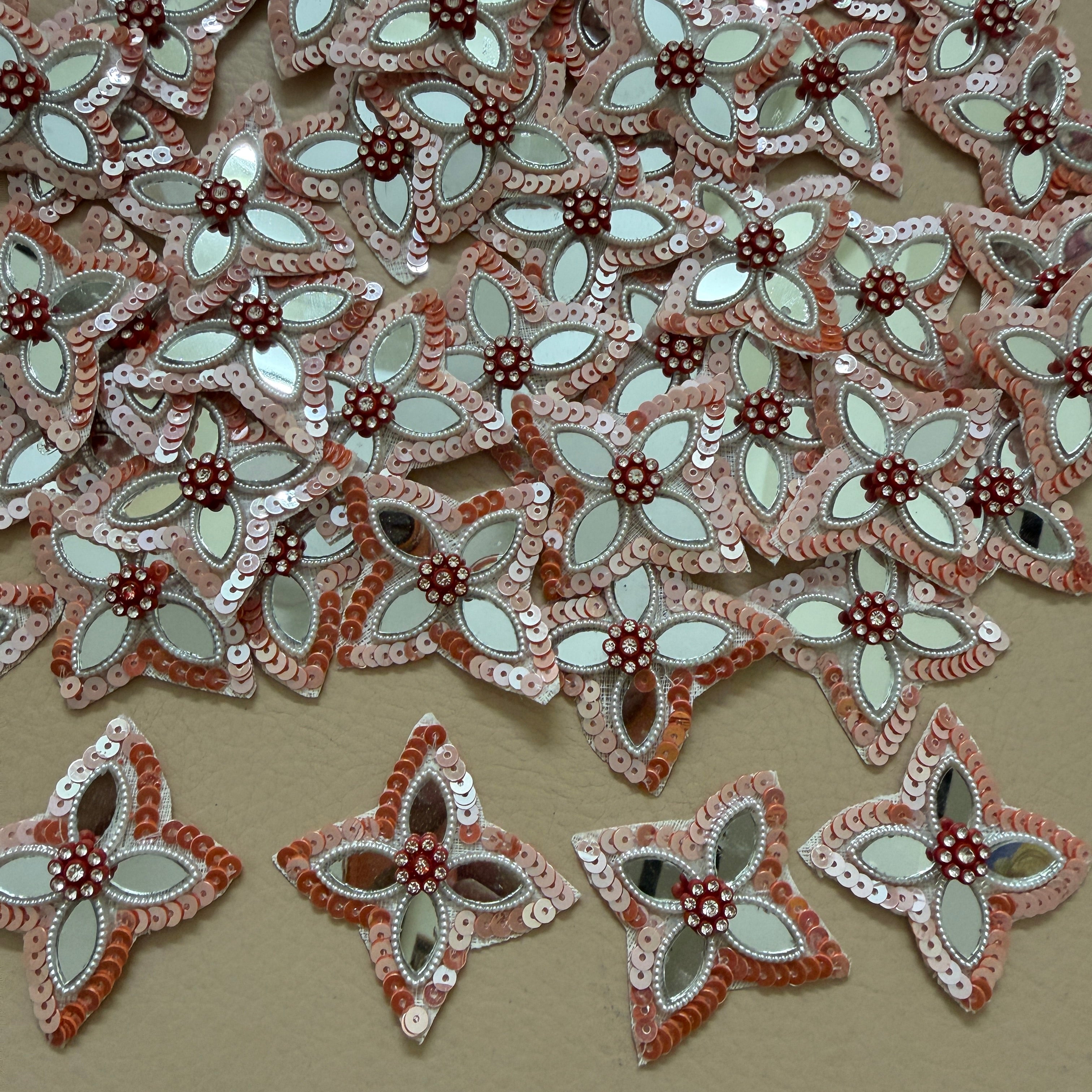 Patches for Craft Peach & White Crystal Sunburst Flower Applique – Pack of 10 Pcs