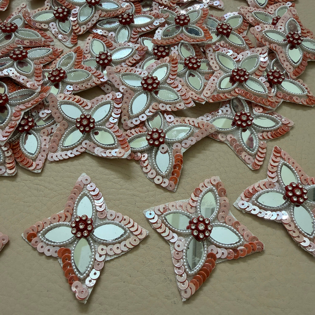 Patches for Craft Peach & White Crystal Sunburst Flower Applique – Pack of 10 Pcs