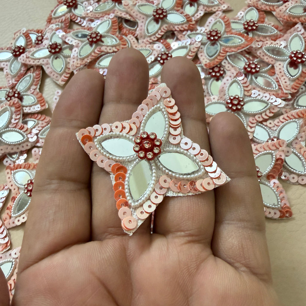 Patches for Craft Peach & White Crystal Sunburst Flower Applique – Pack of 10 Pcs