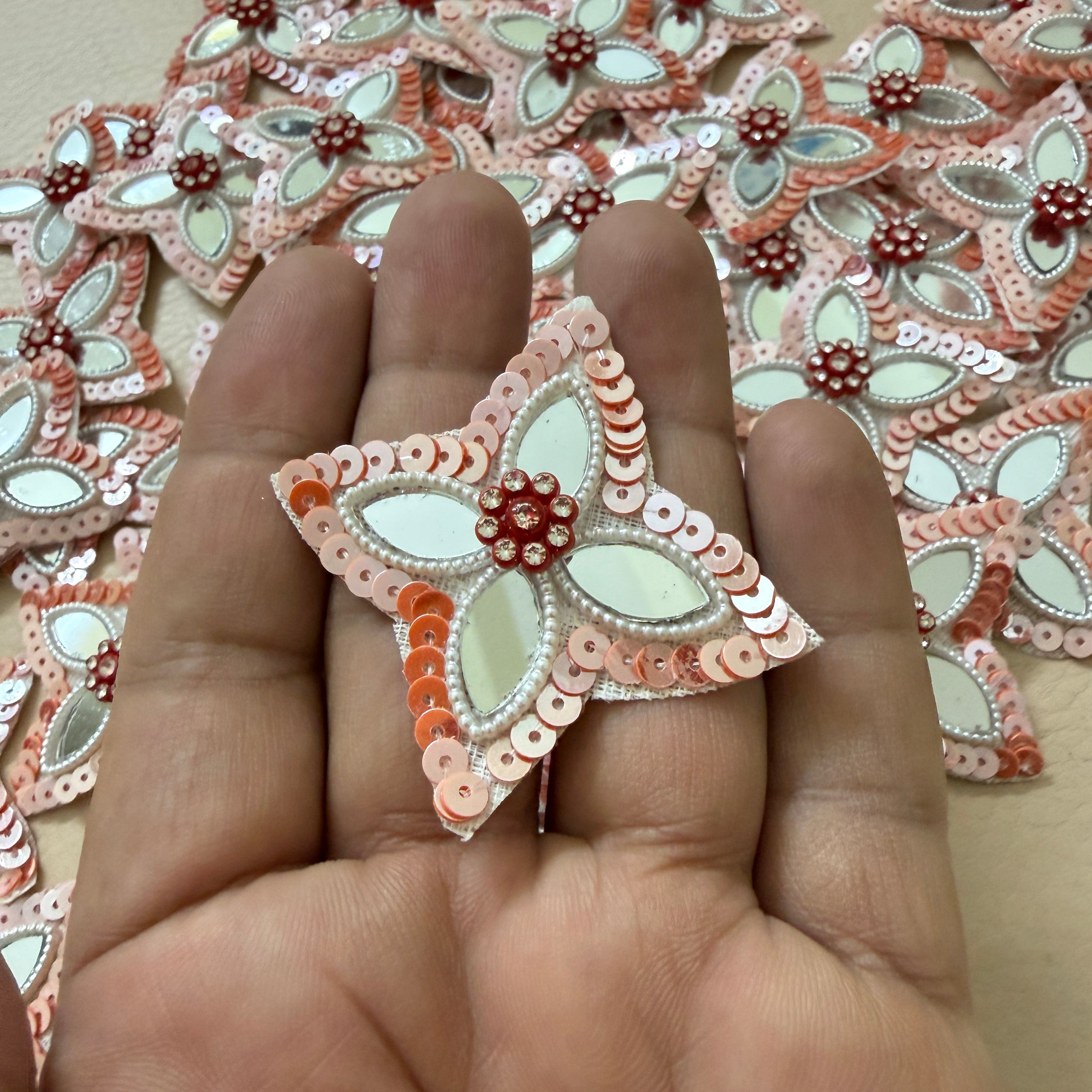 Patches for Craft Peach & White Crystal Sunburst Flower Applique – Pack of 10 Pcs