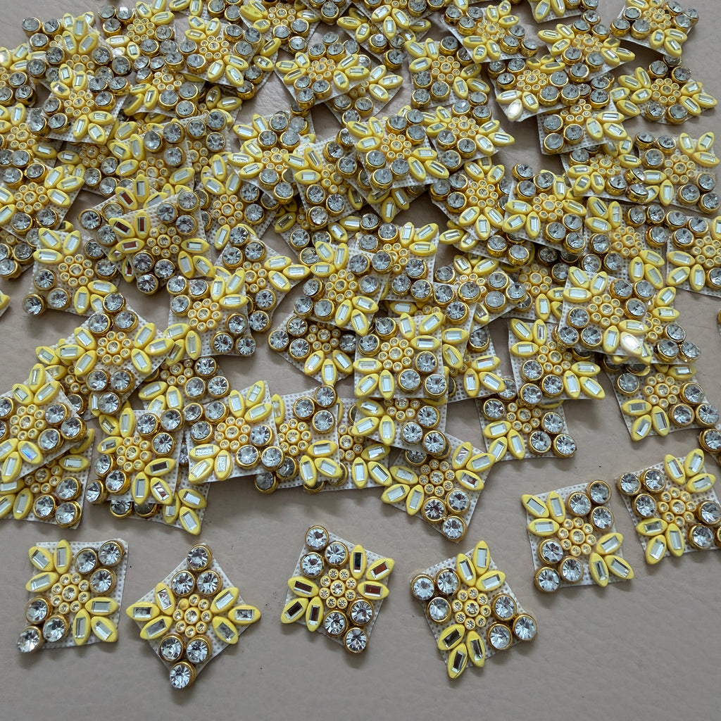 Appliques for Sewing Lemon Yellow & Gold Sunburst Crystal Patches – Pack of 25 Pcs