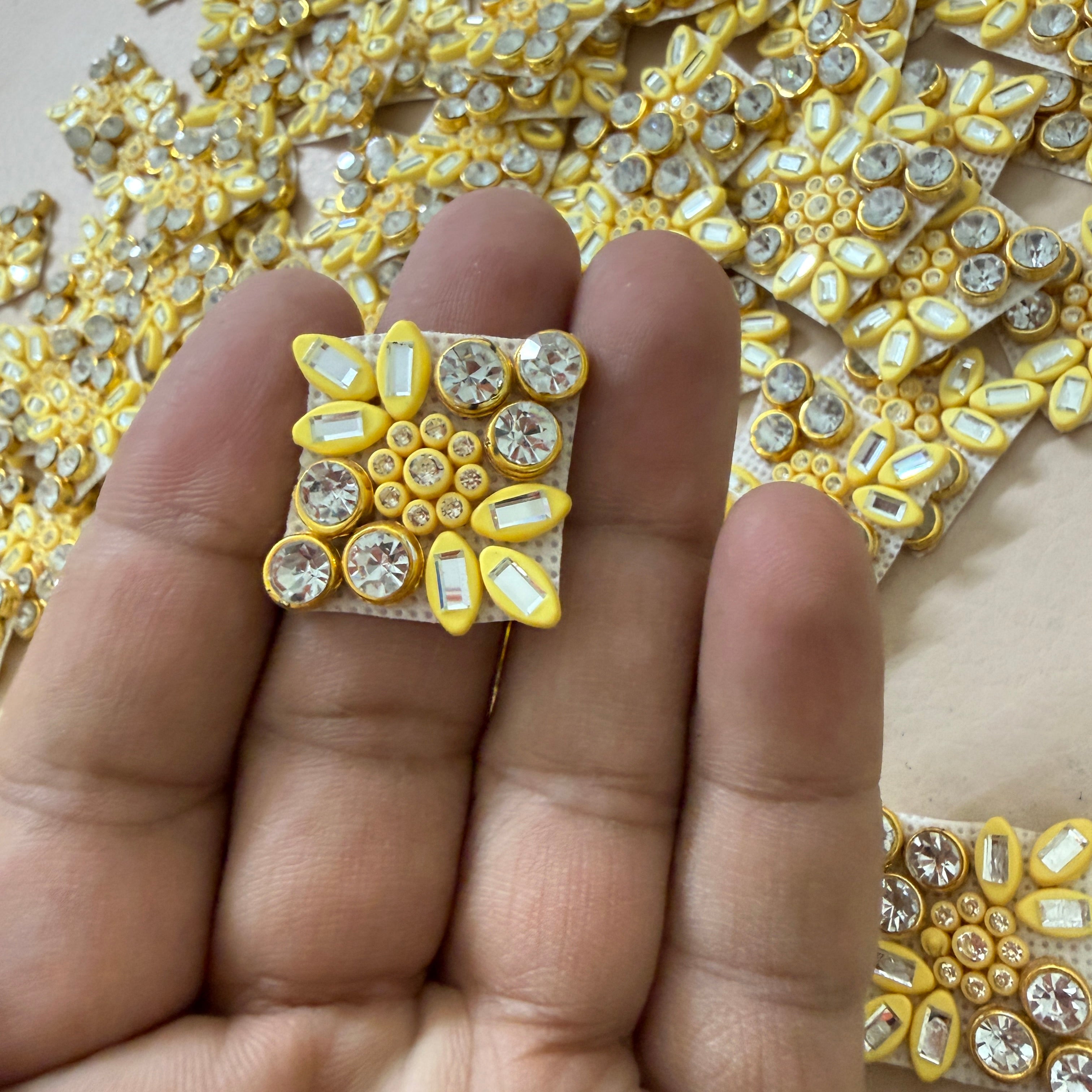 Appliques for Sewing Lemon Yellow & Gold Sunburst Crystal Patches – Pack of 25 Pcs
