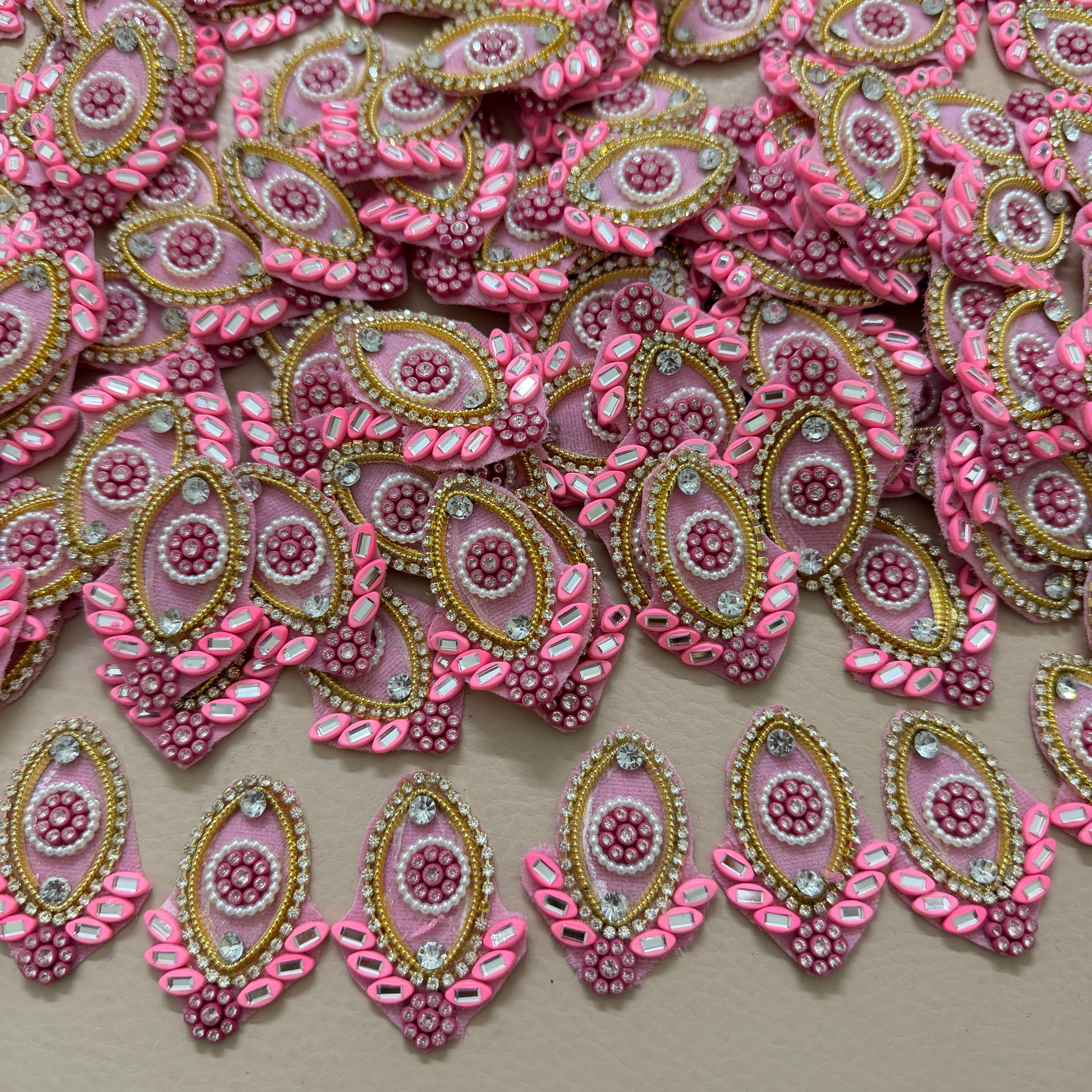 Marquise Applique Candy Pink with Gold Beaded Patches – Pack of 10 Pcs
