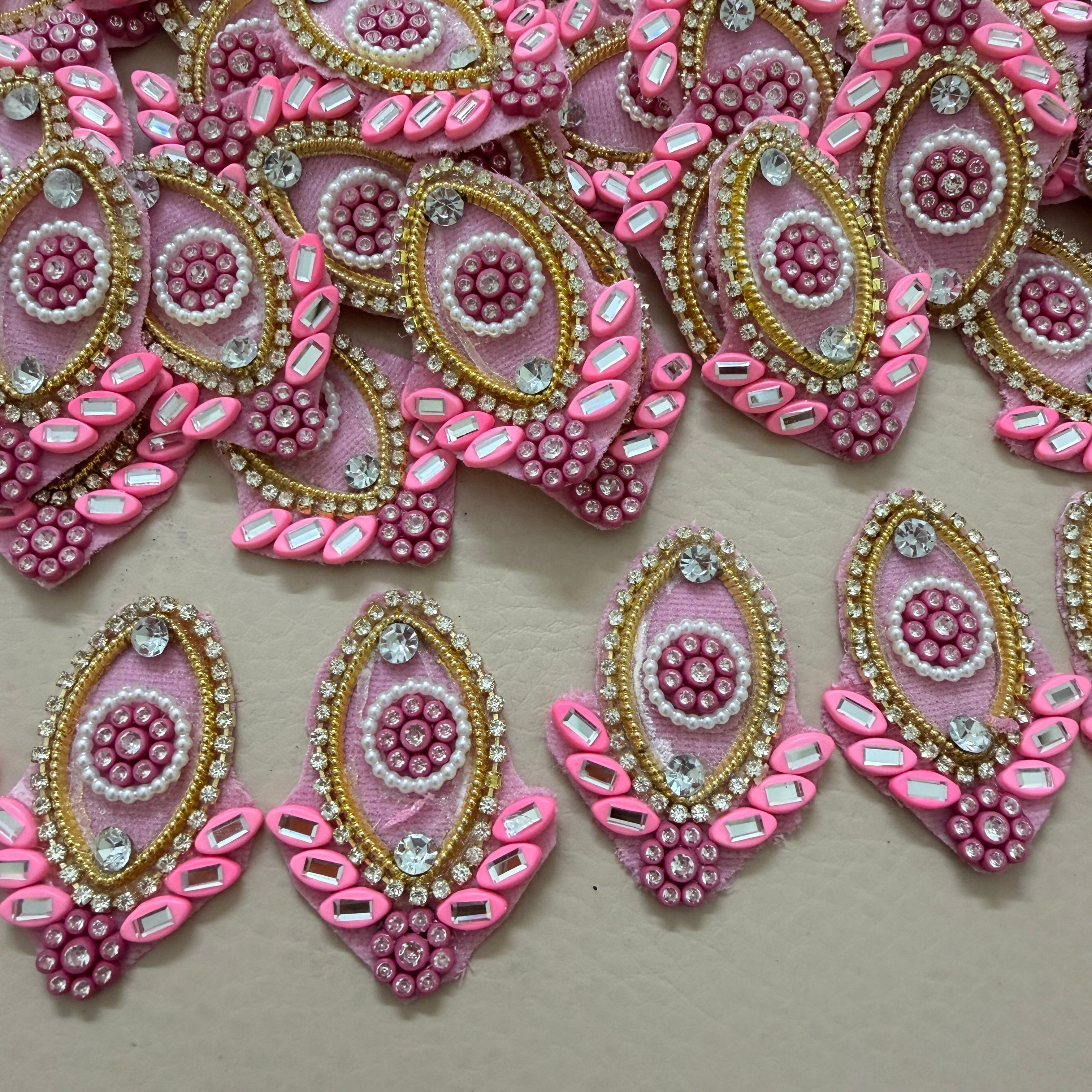Marquise Applique Candy Pink with Gold Beaded Patches – Pack of 10 Pcs