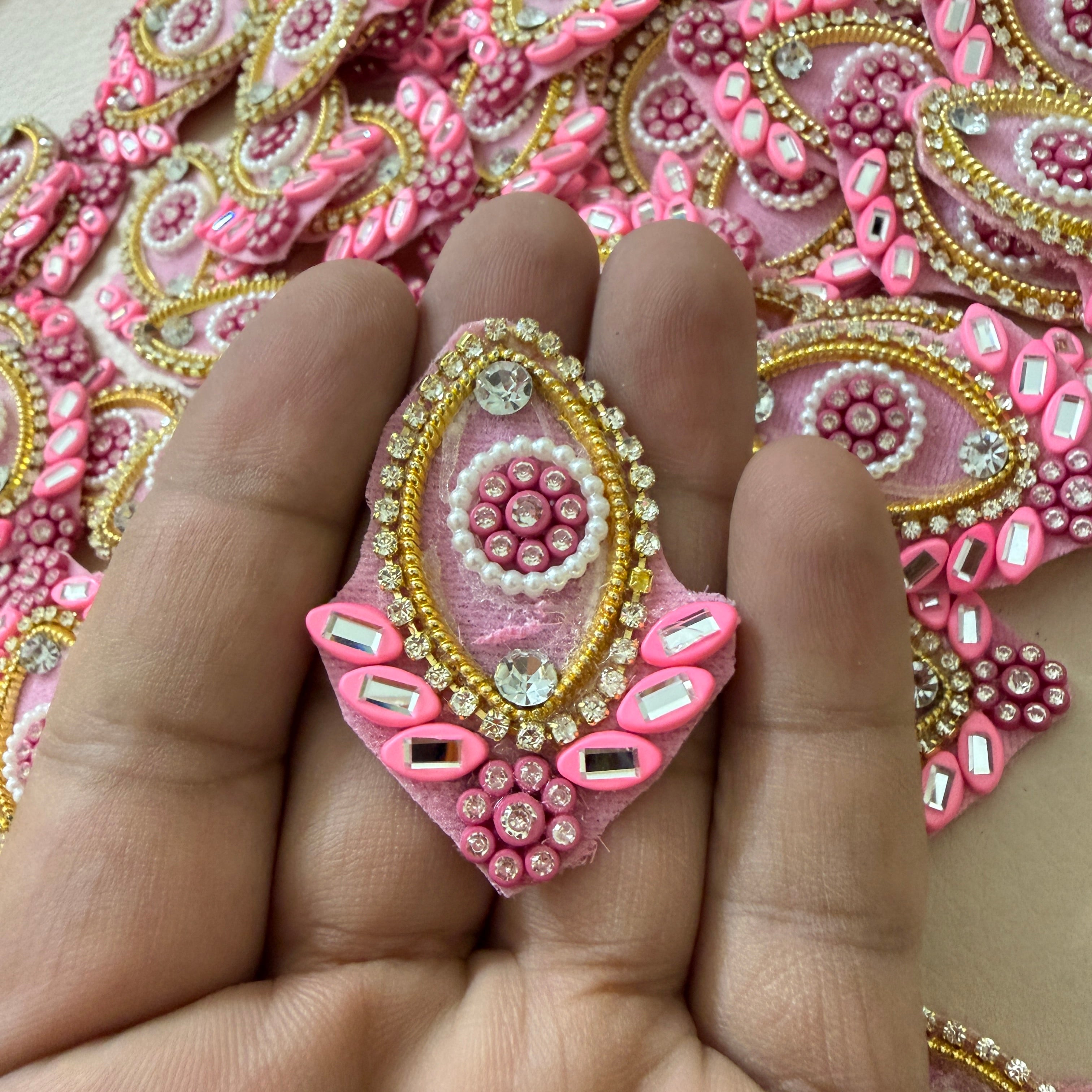 Marquise Applique Candy Pink with Gold Beaded Patches – Pack of 10 Pcs