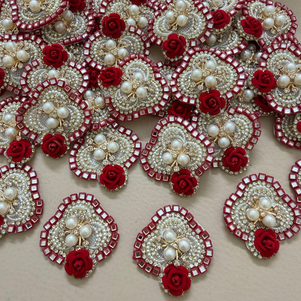 Embroidery Patches Crimson Red with Ivory Rose Pearl Applique – Pack of 10 Pcs.