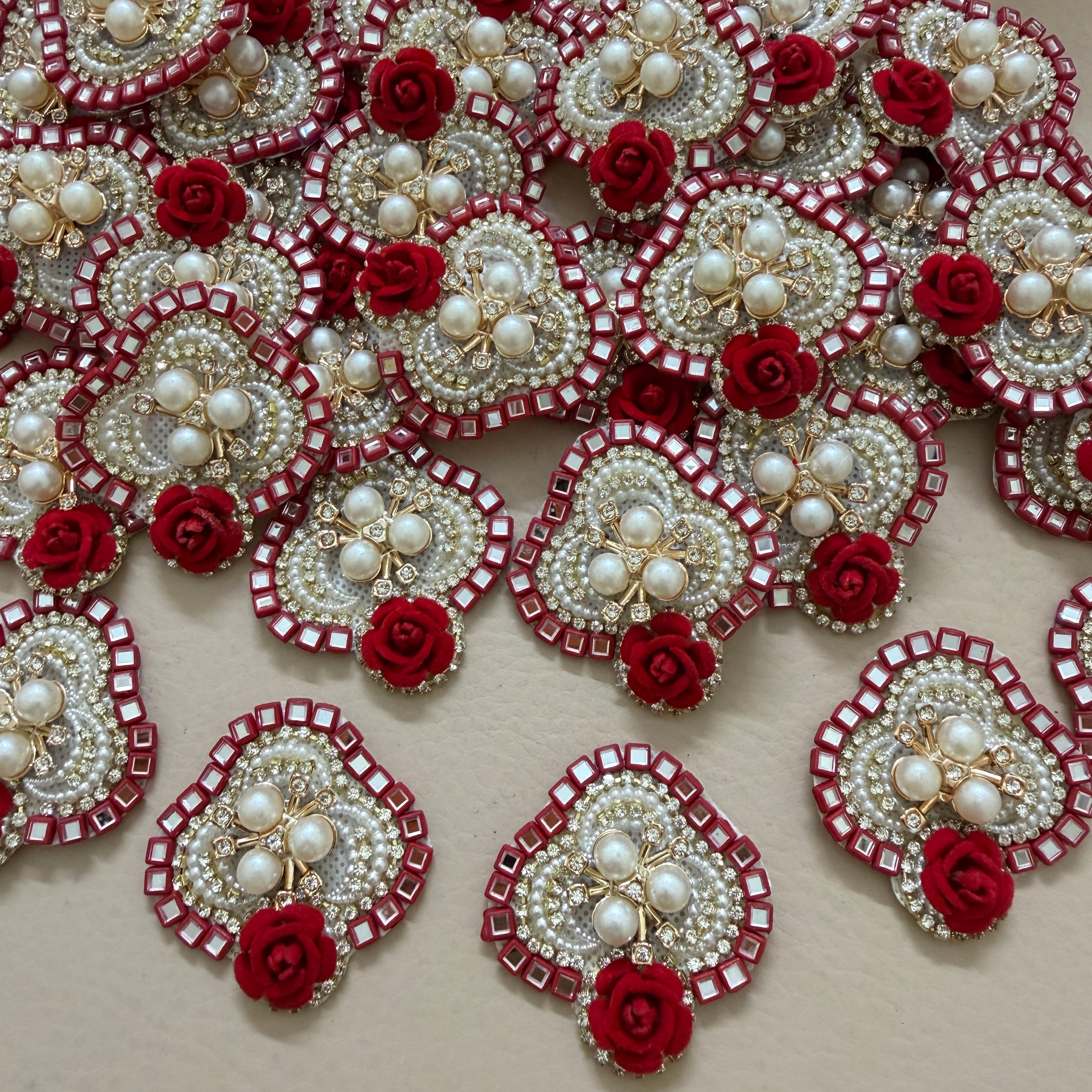 Embroidery Patches Crimson Red with Ivory Rose Pearl Applique – Pack of 10 Pcs.