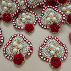 Embroidery Patches Crimson Red with Ivory Rose Pearl Applique – Pack of 10 Pcs.