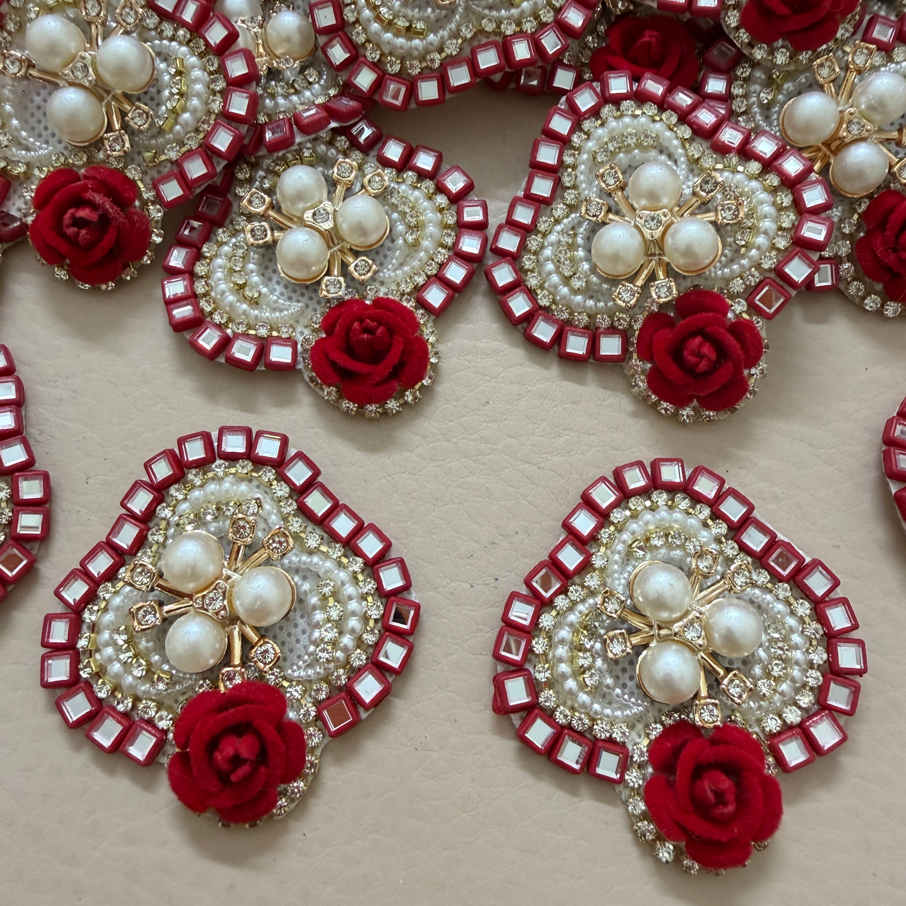 Embroidery Patches Crimson Red with Ivory Rose Pearl Applique – Pack of 10 Pcs.