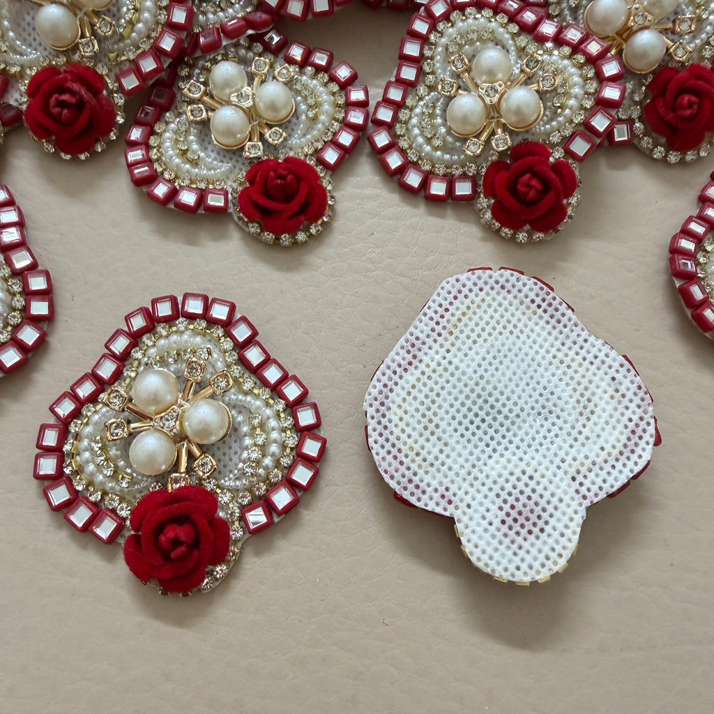 Embroidery Patches Crimson Red with Ivory Rose Pearl Applique – Pack of 10 Pcs.