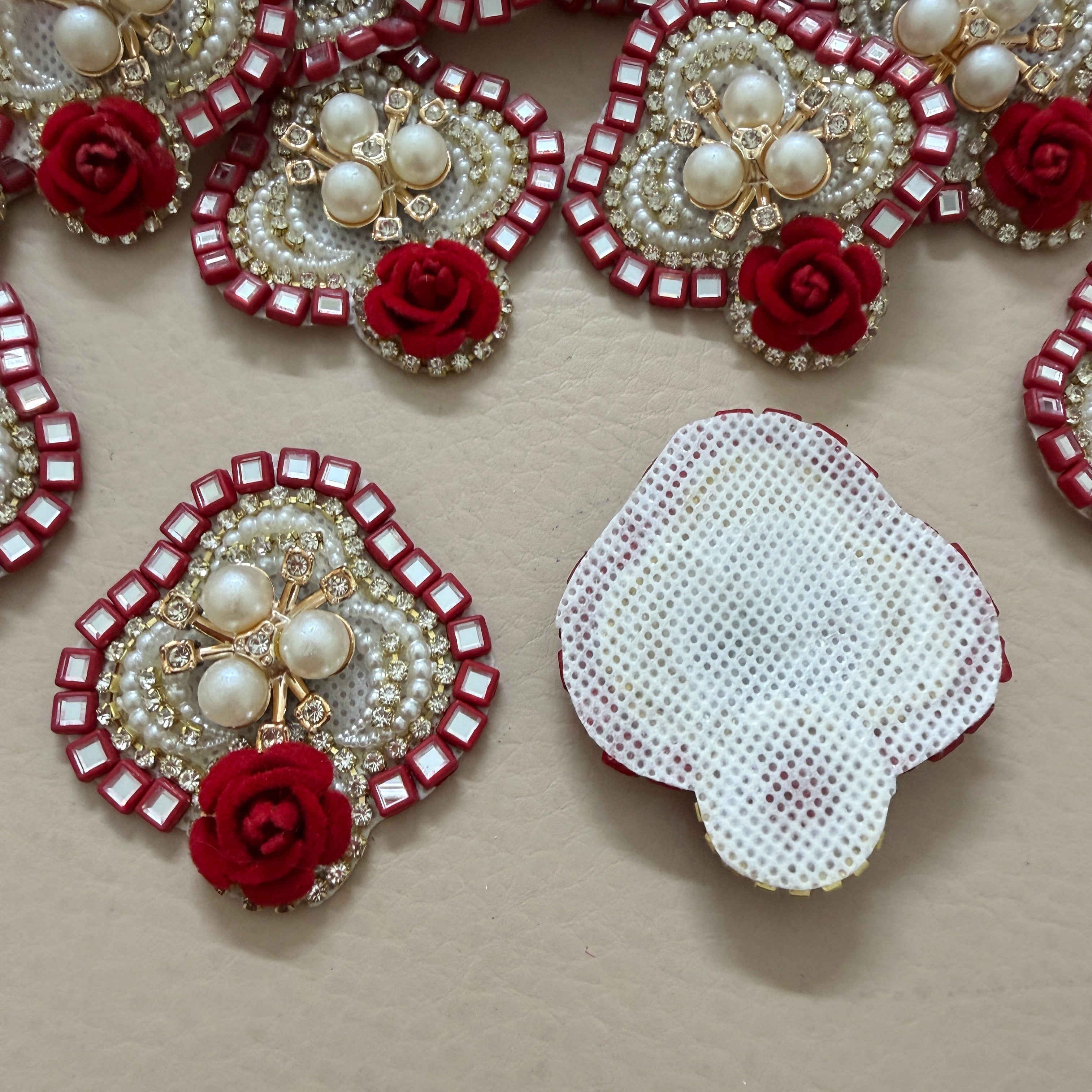 Embroidery Patches Crimson Red with Ivory Rose Pearl Applique – Pack of 10 Pcs.