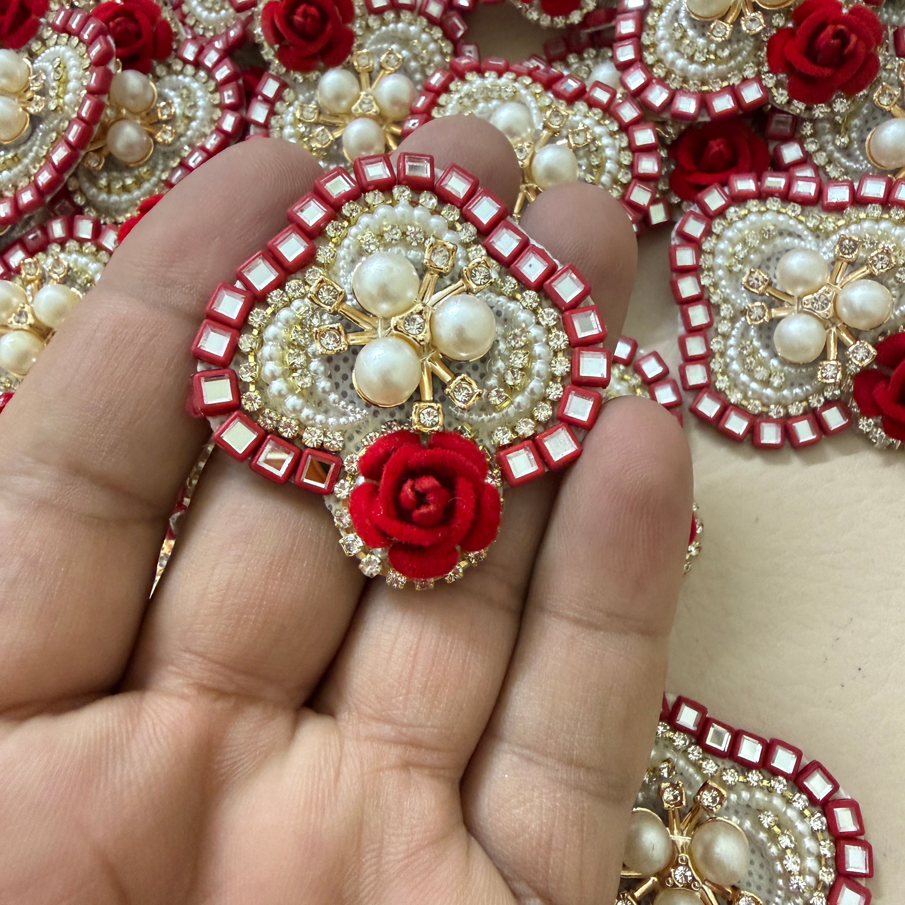 Embroidery Patches Crimson Red with Ivory Rose Pearl Applique – Pack of 10 Pcs.