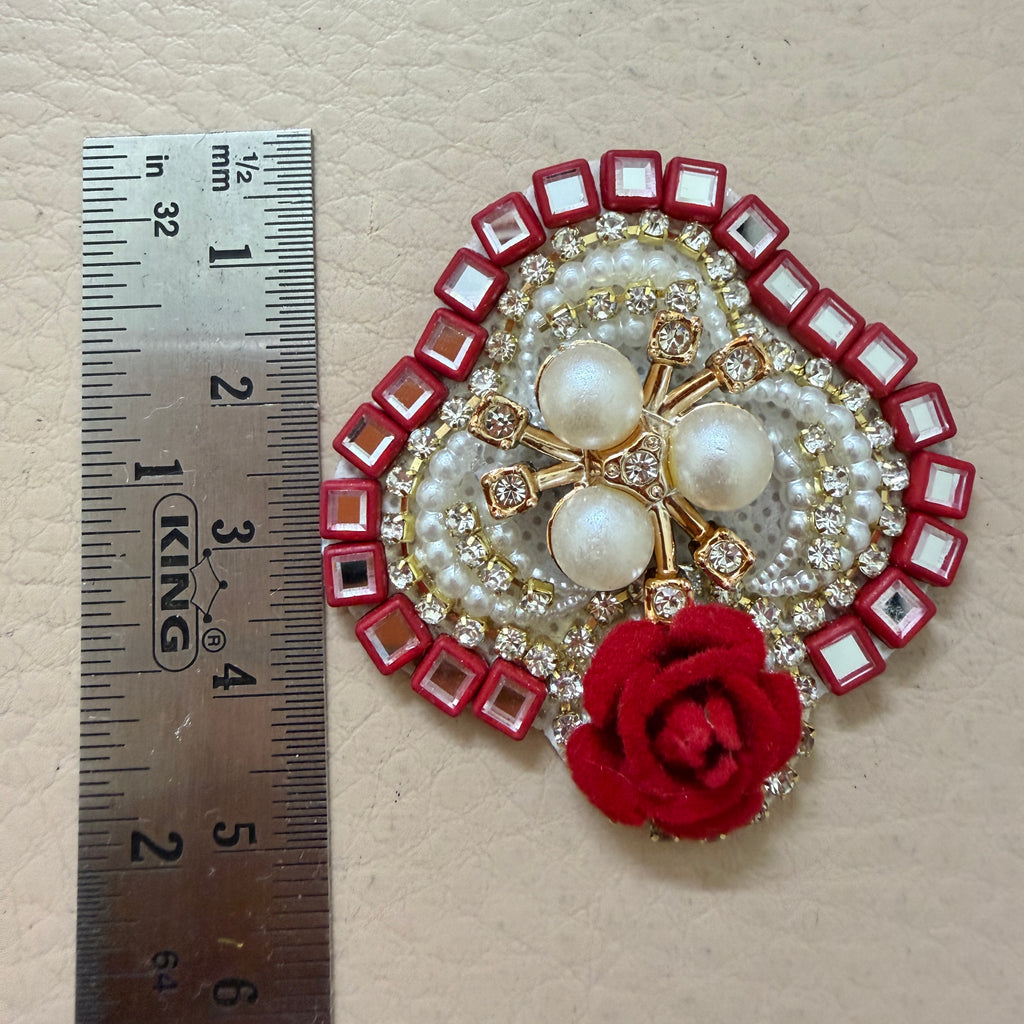Embroidery Patches Crimson Red with Ivory Rose Pearl Applique – Pack of 10 Pcs.