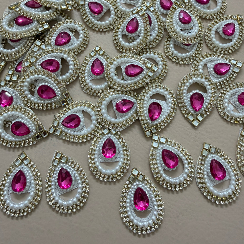 Teardrop Magenta Pink Rhinestone Pearl Applique Patches – Pack of 10