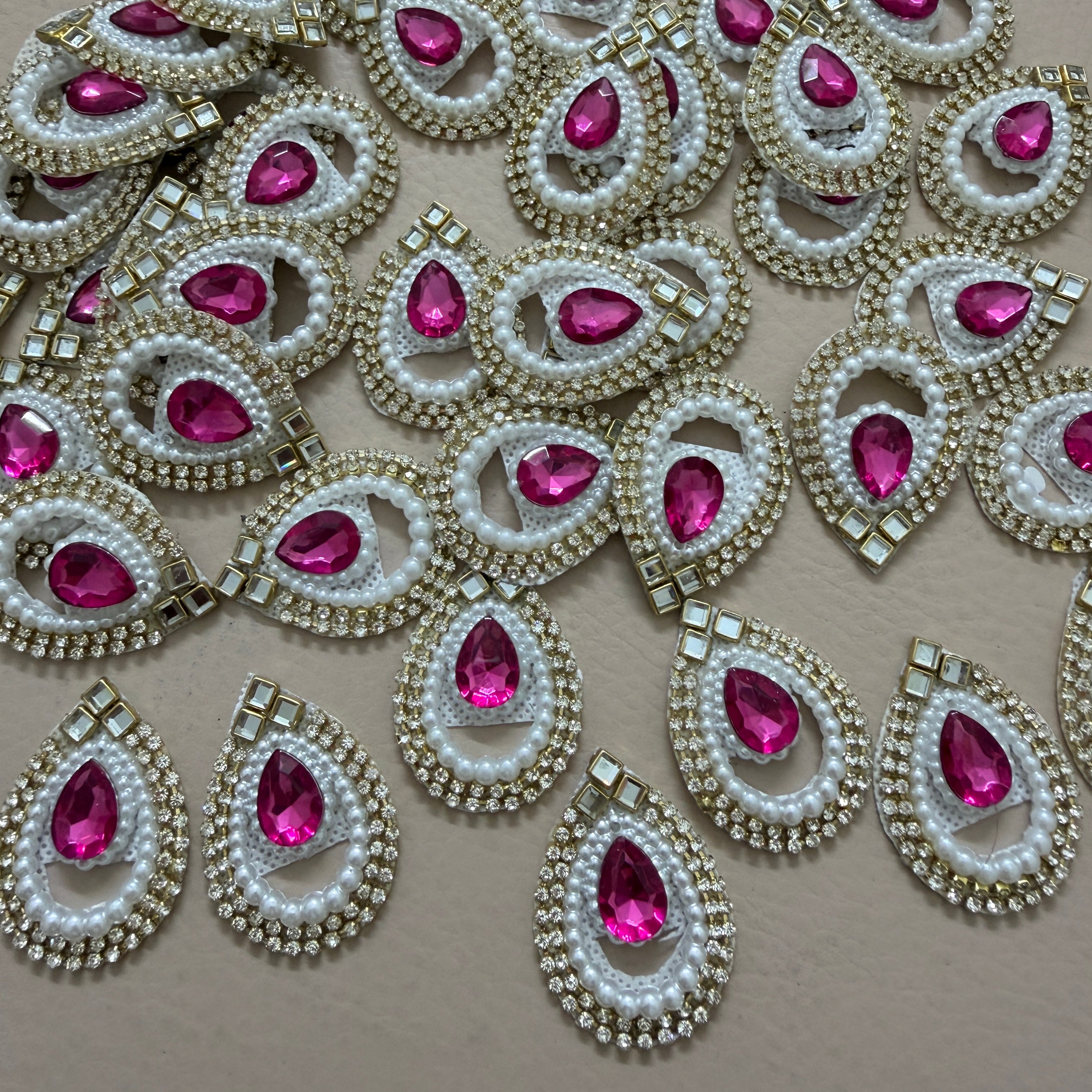 Teardrop Magenta Pink Rhinestone Pearl Applique Patches – Pack of 10