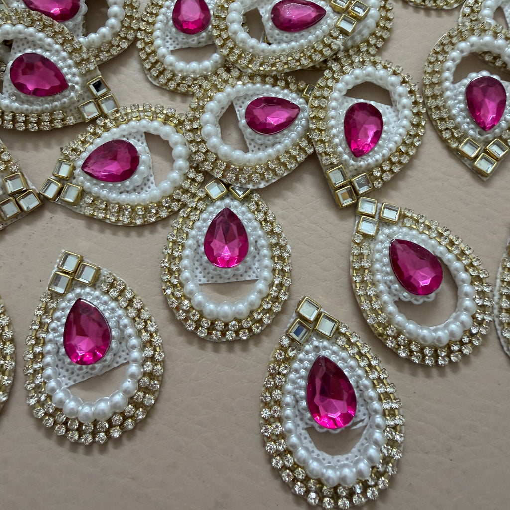 Teardrop Magenta Pink Rhinestone Pearl Applique Patches – Pack of 10