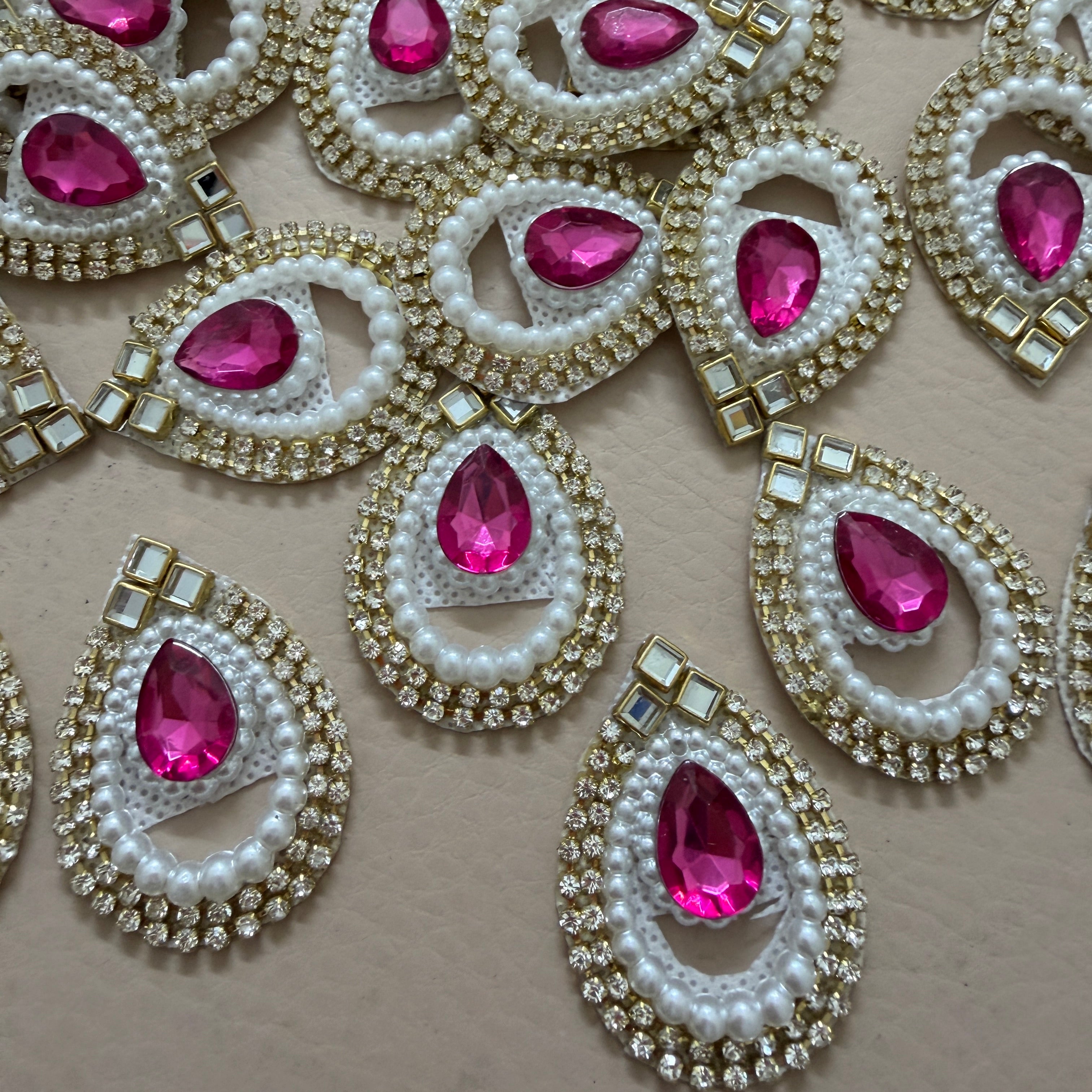 Teardrop Magenta Pink Rhinestone Pearl Applique Patches – Pack of 10