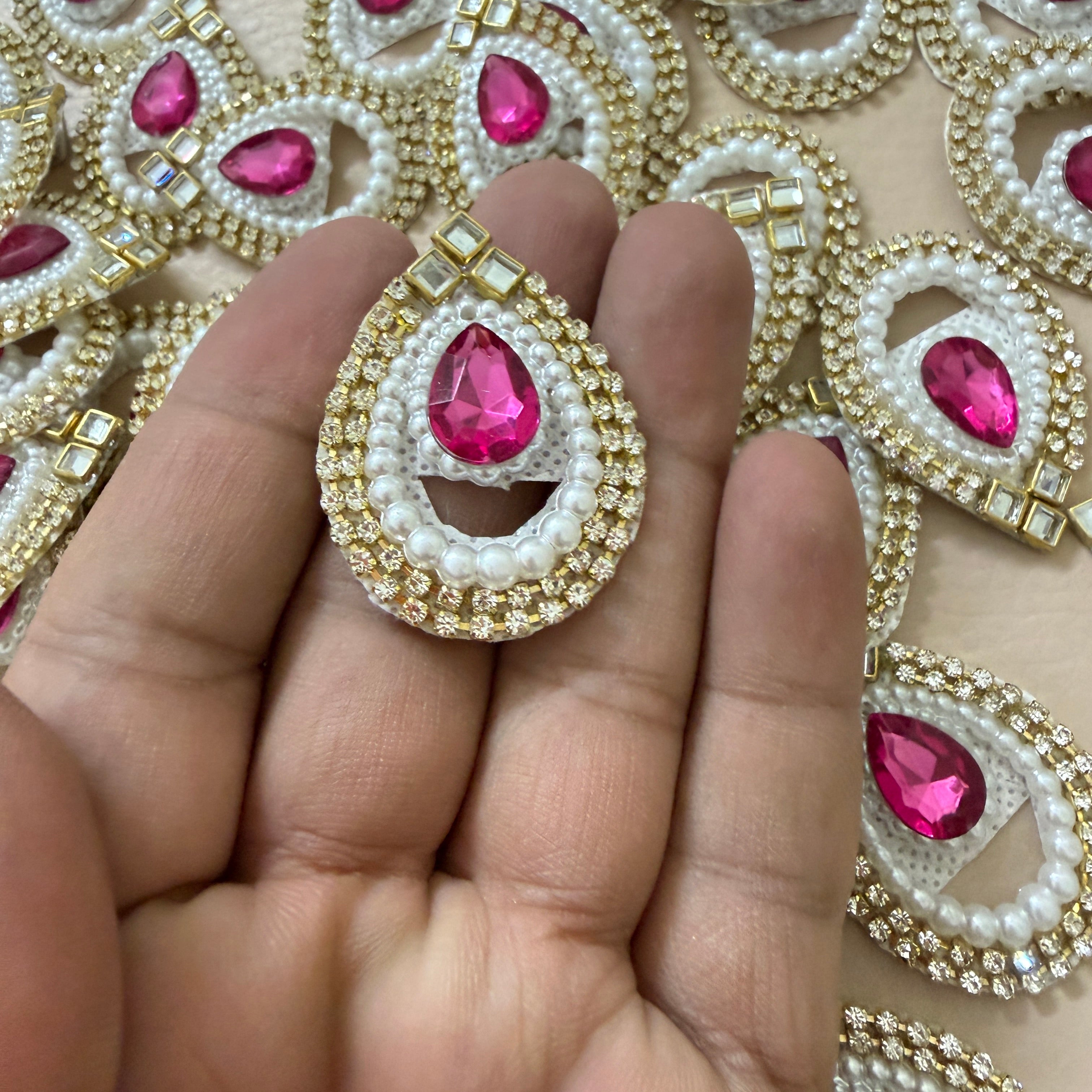 Teardrop Magenta Pink Rhinestone Pearl Applique Patches – Pack of 10
