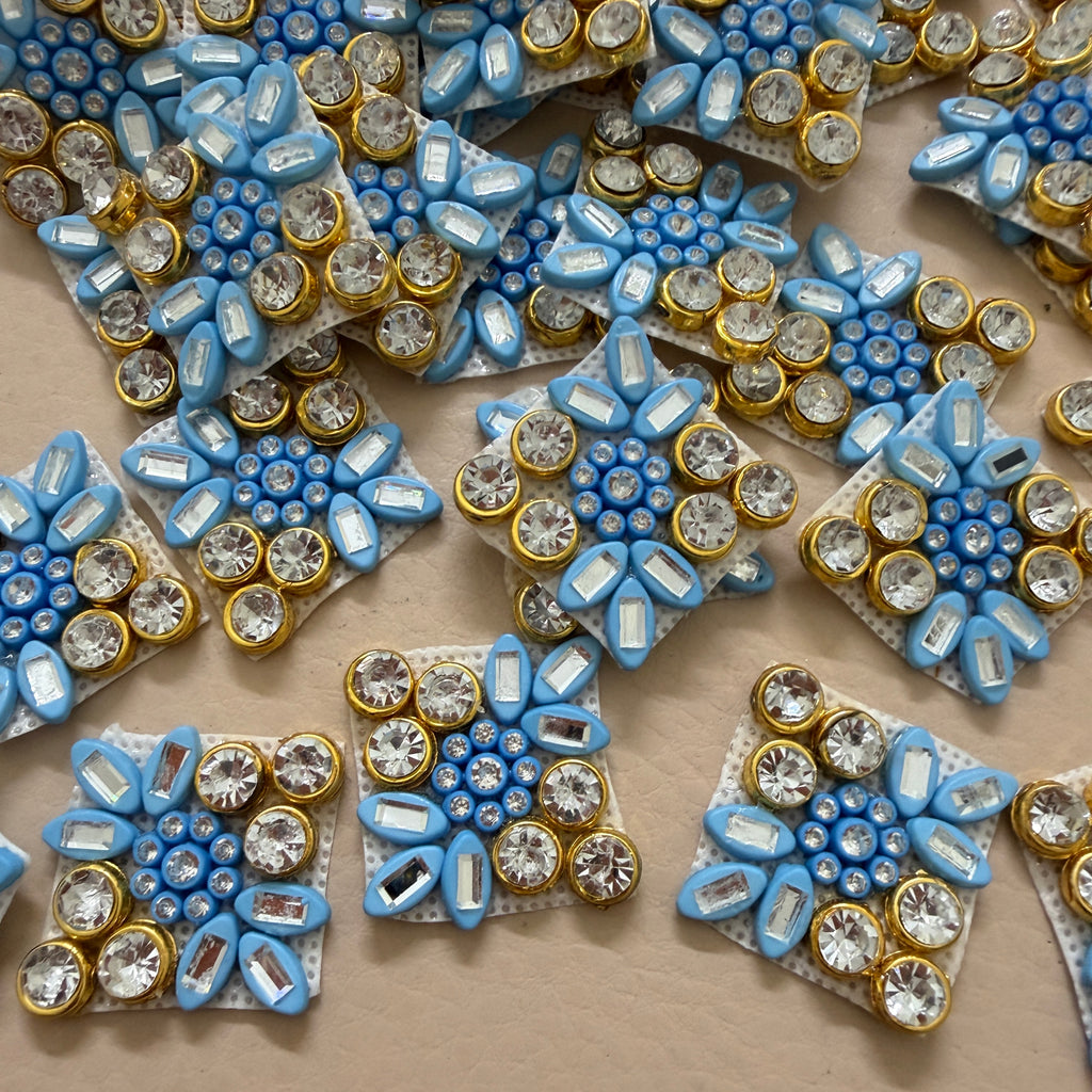 Sky Blue & Gold Floral Crystal Appliques Patches for Designer Blouses, Bags & DIY Accessories -Pack of 25