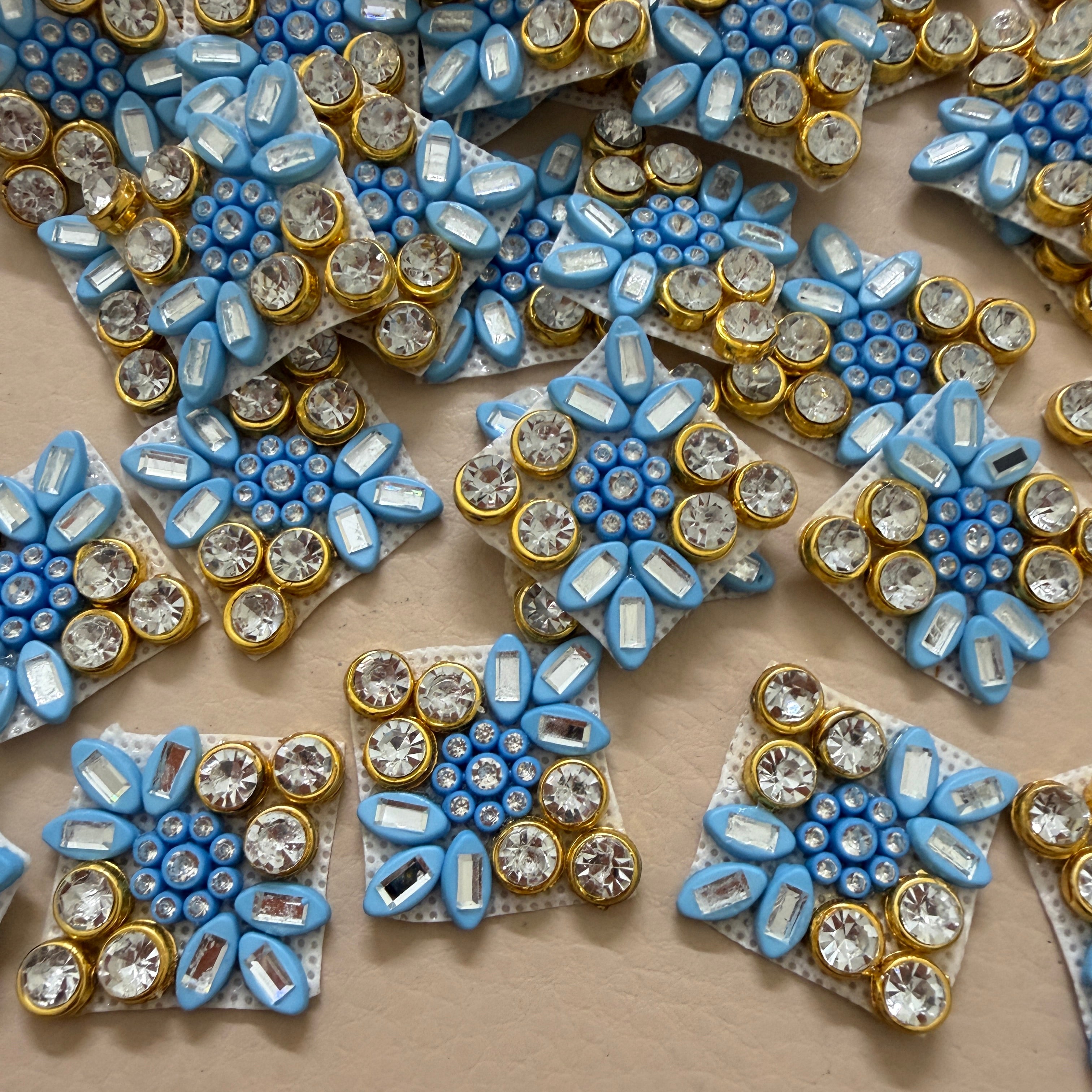 Sky Blue & Gold Floral Crystal Appliques Patches for Designer Blouses, Bags & DIY Accessories -Pack of 25