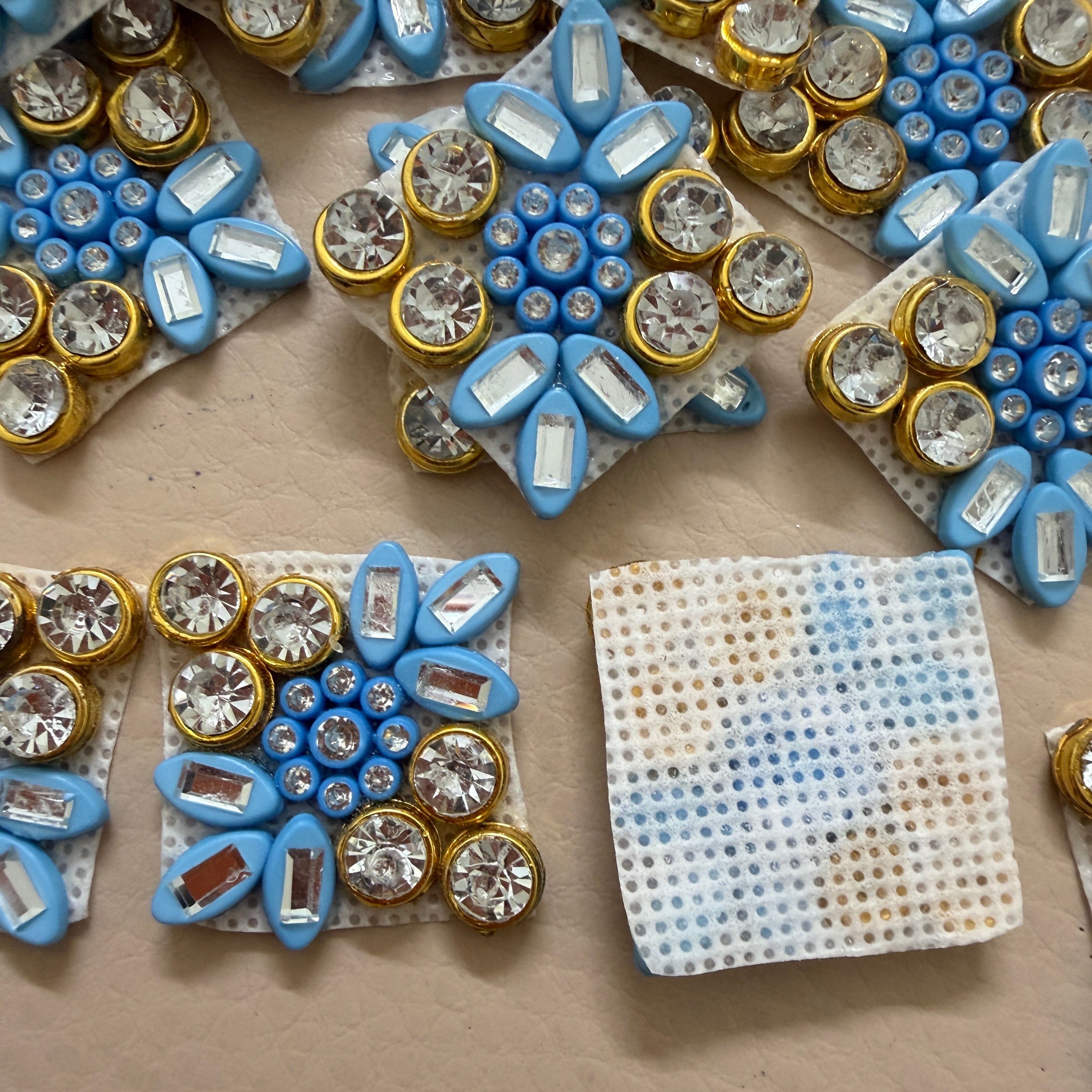 Sky Blue & Gold Floral Crystal Appliques Patches for Designer Blouses, Bags & DIY Accessories -Pack of 25