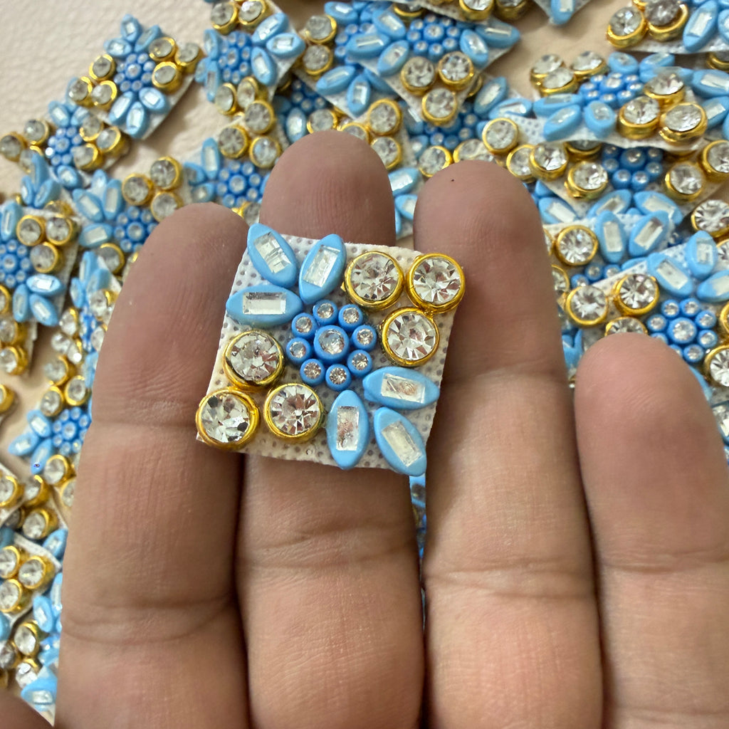 Sky Blue & Gold Floral Crystal Appliques Patches for Designer Blouses, Bags & DIY Accessories -Pack of 25