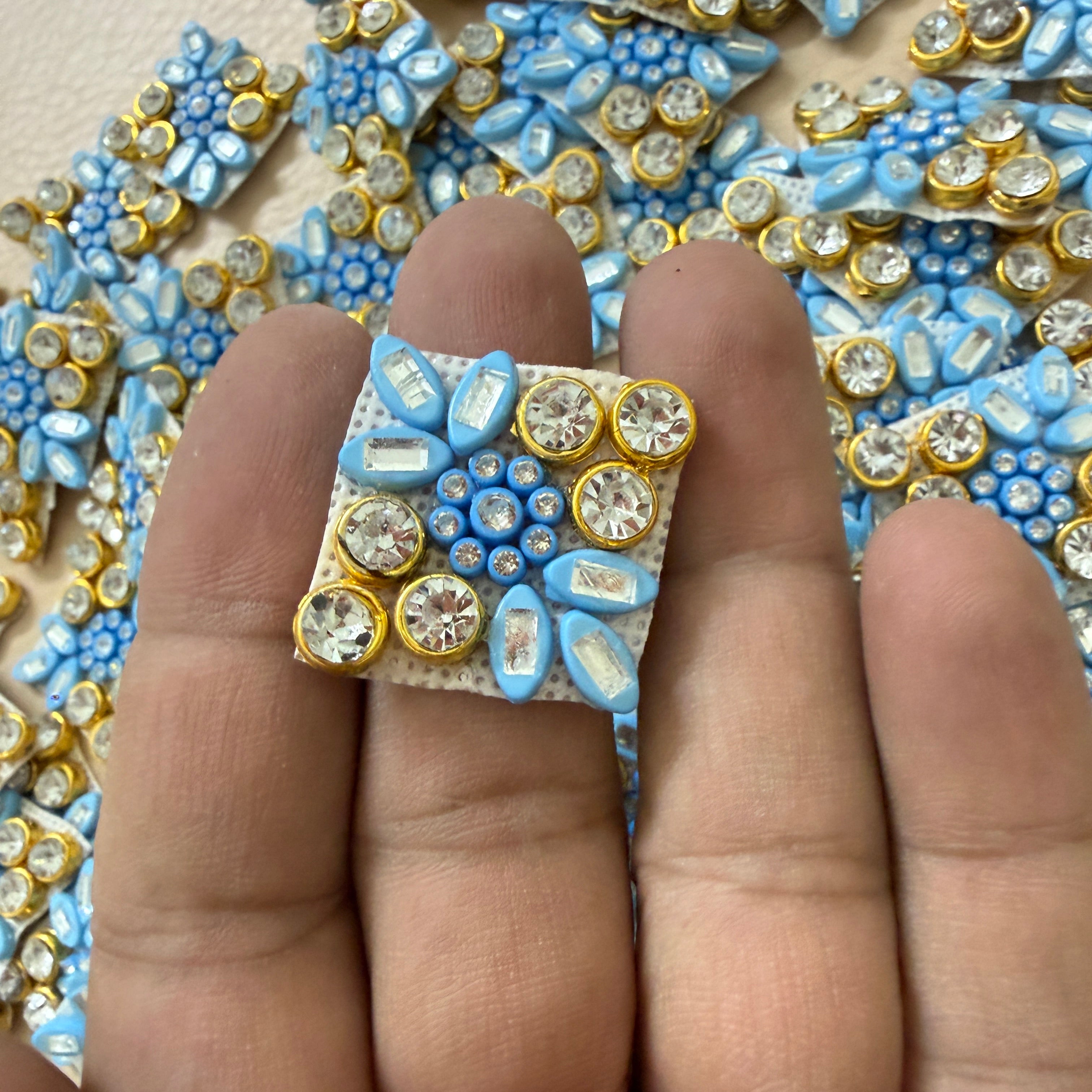 Sky Blue & Gold Floral Crystal Appliques Patches for Designer Blouses, Bags & DIY Accessories -Pack of 25