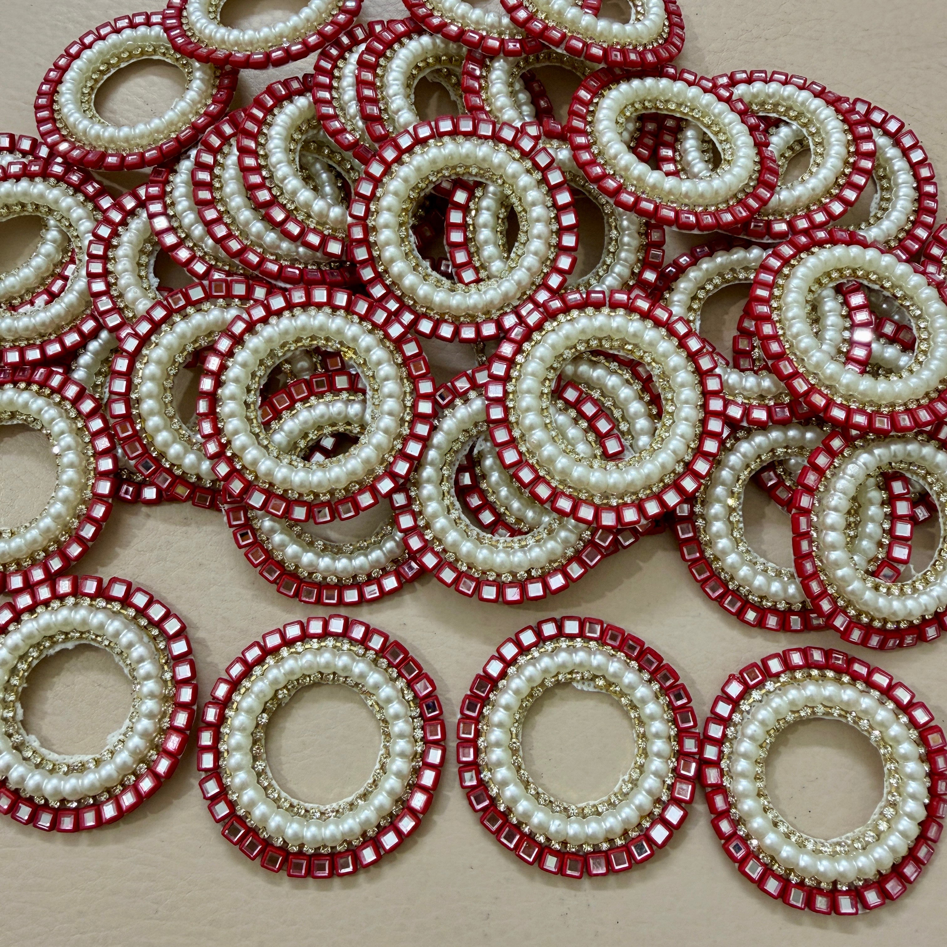 Red Mirror & Pearl Handcrafted Beaded for Saree Blouses, Dupattas & DIY Crafts Circular Applique Patches- Pack of 10