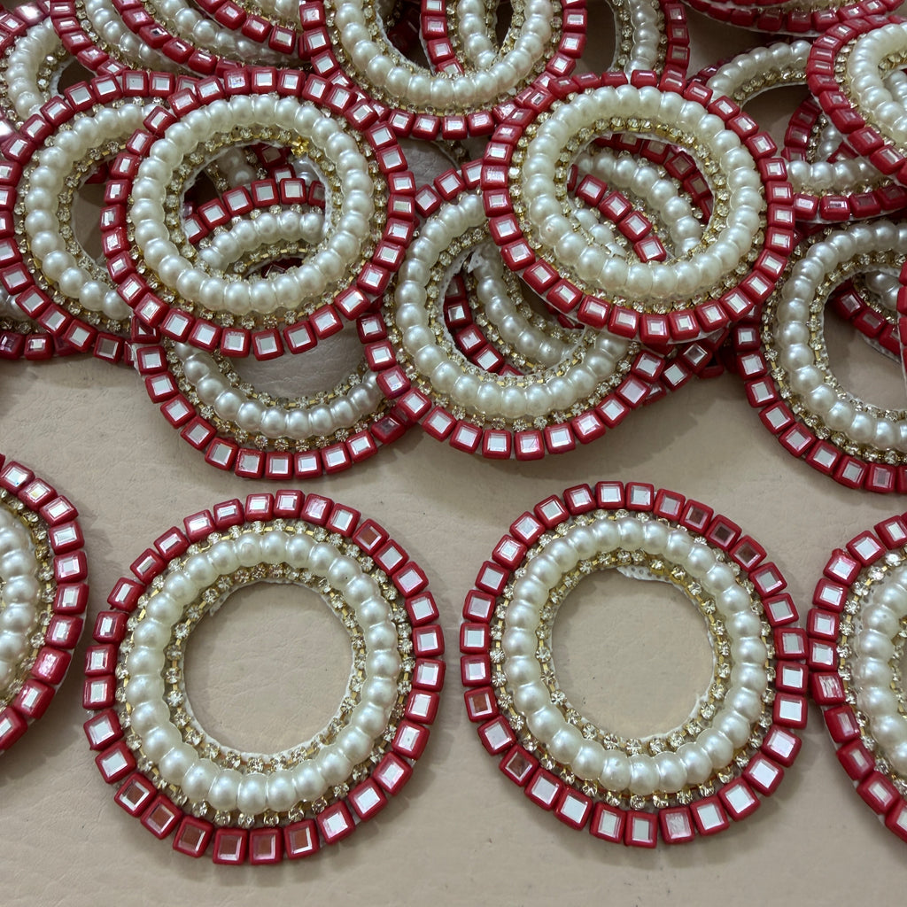 Red Mirror & Pearl Handcrafted Beaded for Saree Blouses, Dupattas & DIY Crafts Circular Applique Patches- Pack of 10