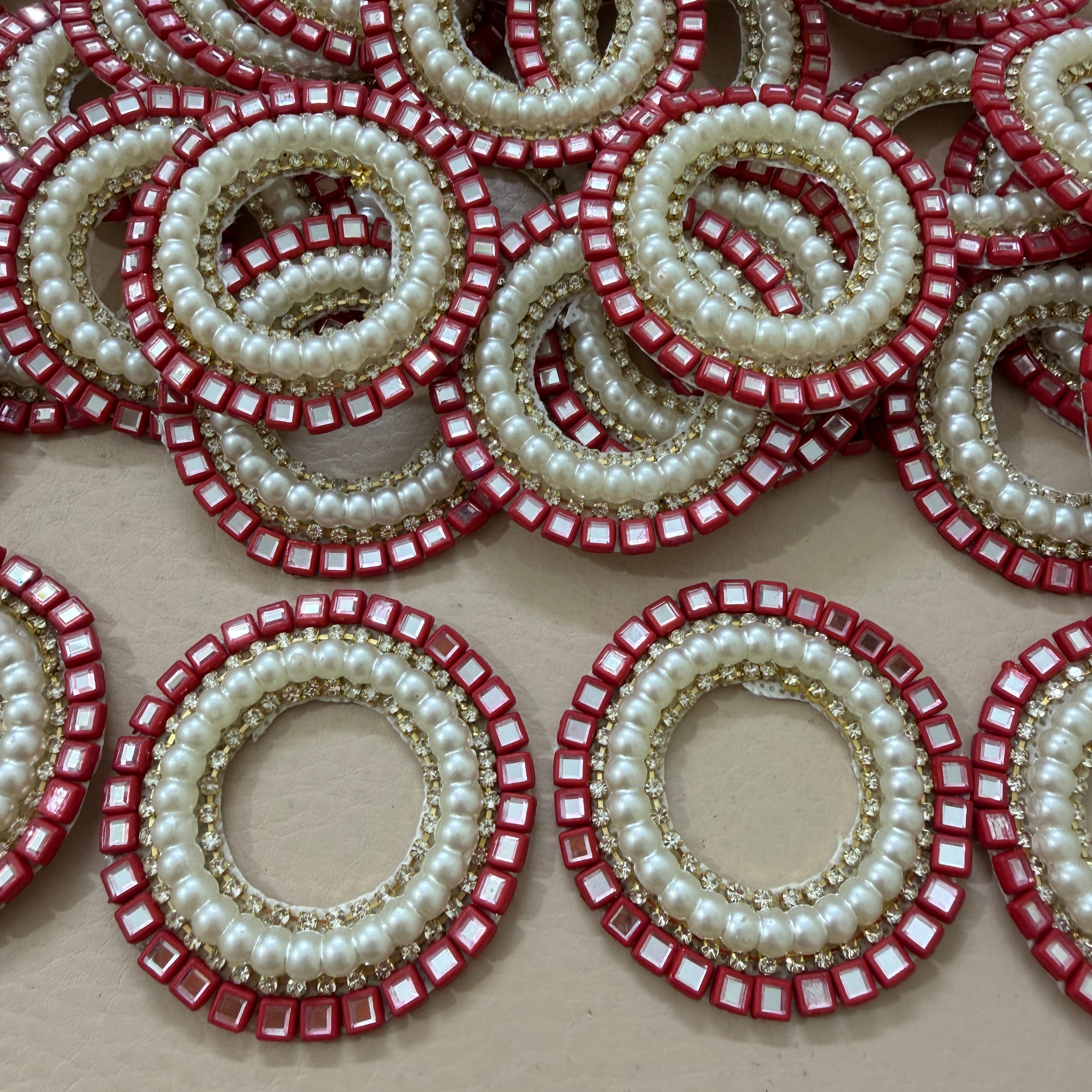 Red Mirror & Pearl Handcrafted Beaded for Saree Blouses, Dupattas & DIY Crafts Circular Applique Patches- Pack of 10