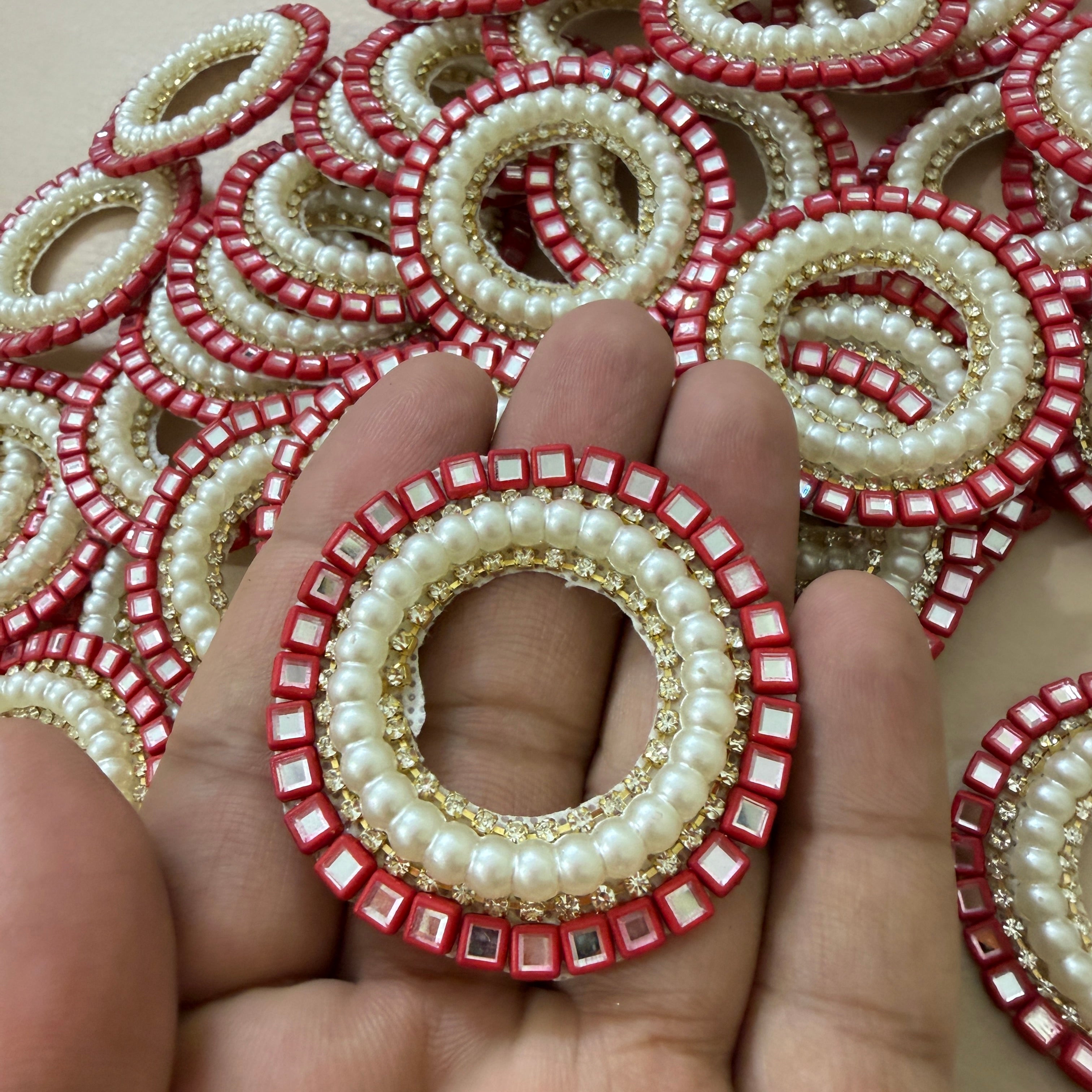 Red Mirror & Pearl Handcrafted Beaded for Saree Blouses, Dupattas & DIY Crafts Circular Applique Patches- Pack of 10