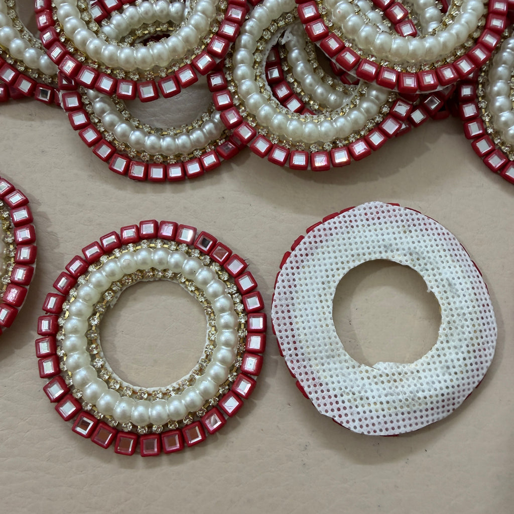 Red Mirror & Pearl Handcrafted Beaded for Saree Blouses, Dupattas & DIY Crafts Circular Applique Patches- Pack of 10