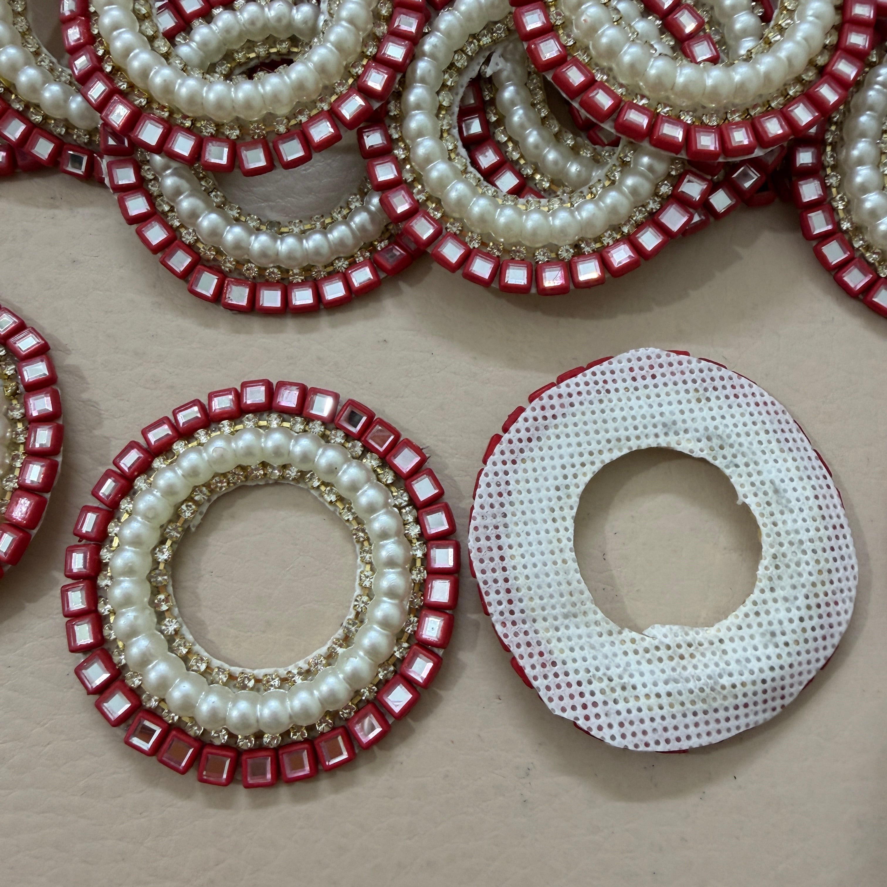 Red Mirror & Pearl Handcrafted Beaded for Saree Blouses, Dupattas & DIY Crafts Circular Applique Patches- Pack of 10