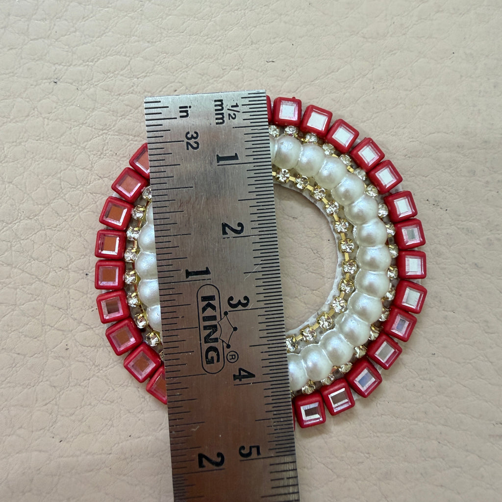 Red Mirror & Pearl Handcrafted Beaded for Saree Blouses, Dupattas & DIY Crafts Circular Applique Patches- Pack of 10