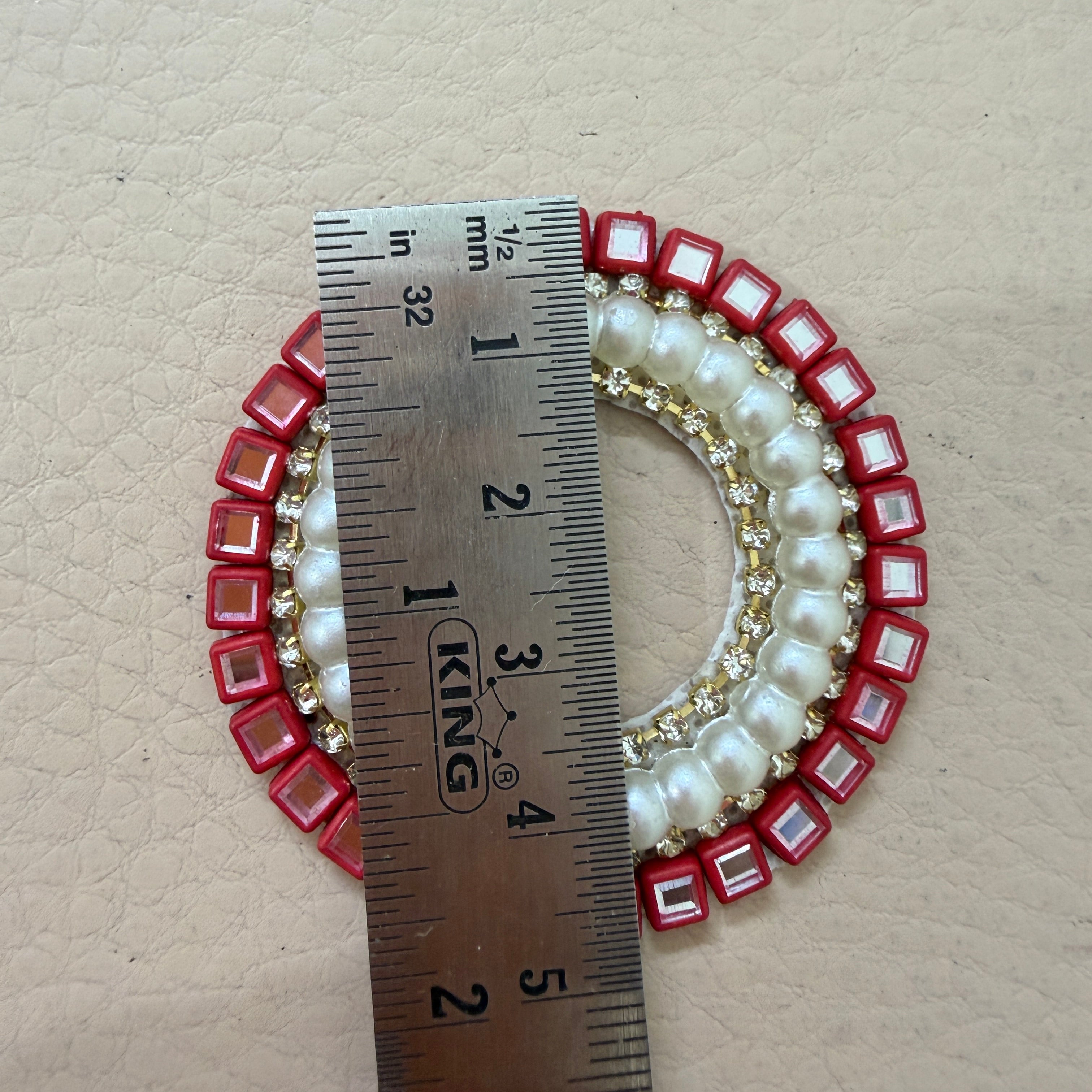 Red Mirror & Pearl Handcrafted Beaded for Saree Blouses, Dupattas & DIY Crafts Circular Applique Patches- Pack of 10