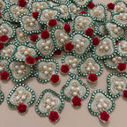 Green Mirror & Red Velvet Rose Handcrafted Floral Heart Applique Patches - Pack of 10