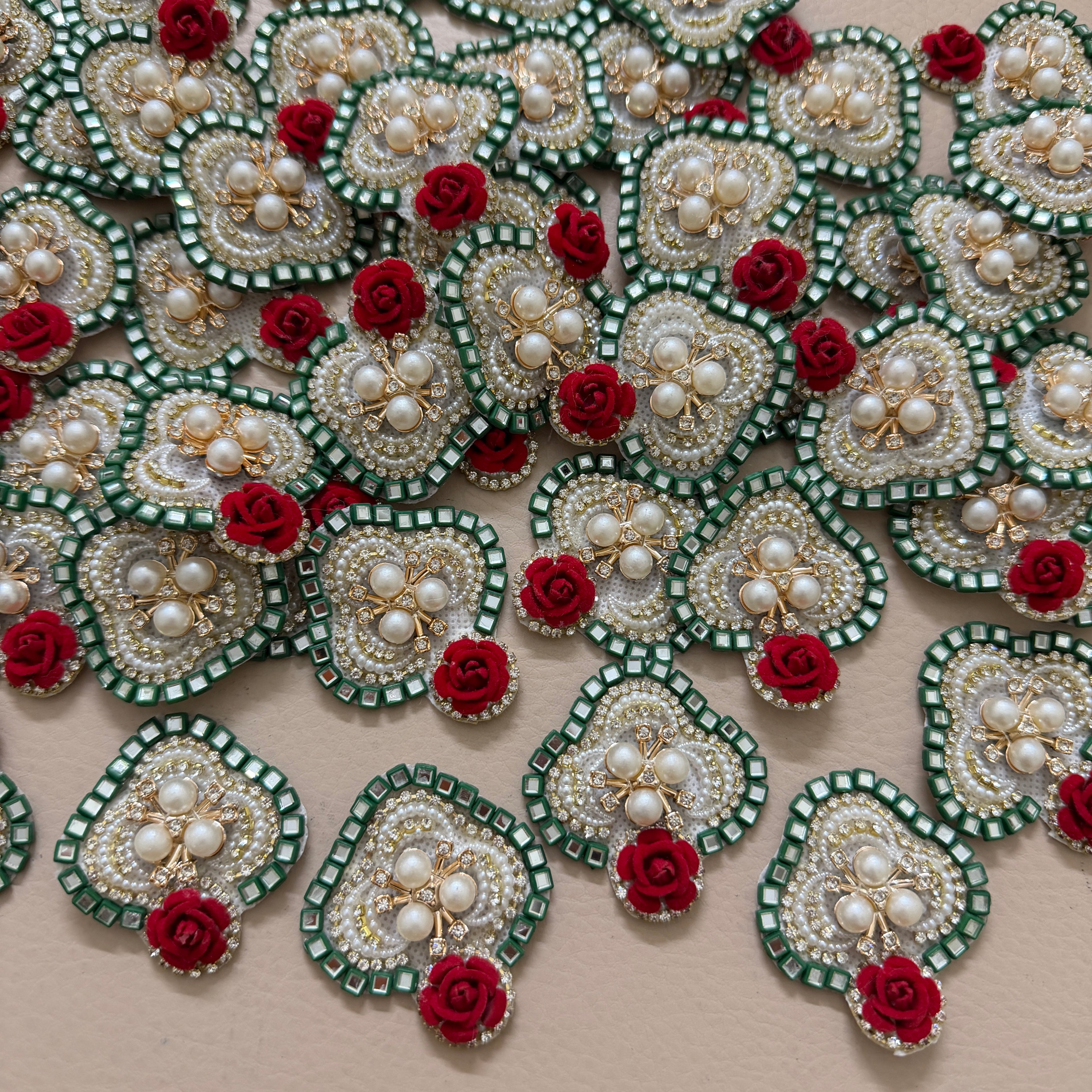 Green Mirror & Red Velvet Rose Handcrafted Floral Heart Applique Patches - Pack of 10