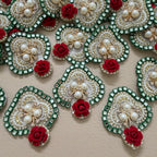 Green Mirror & Red Velvet Rose Handcrafted Floral Heart Applique Patches - Pack of 10