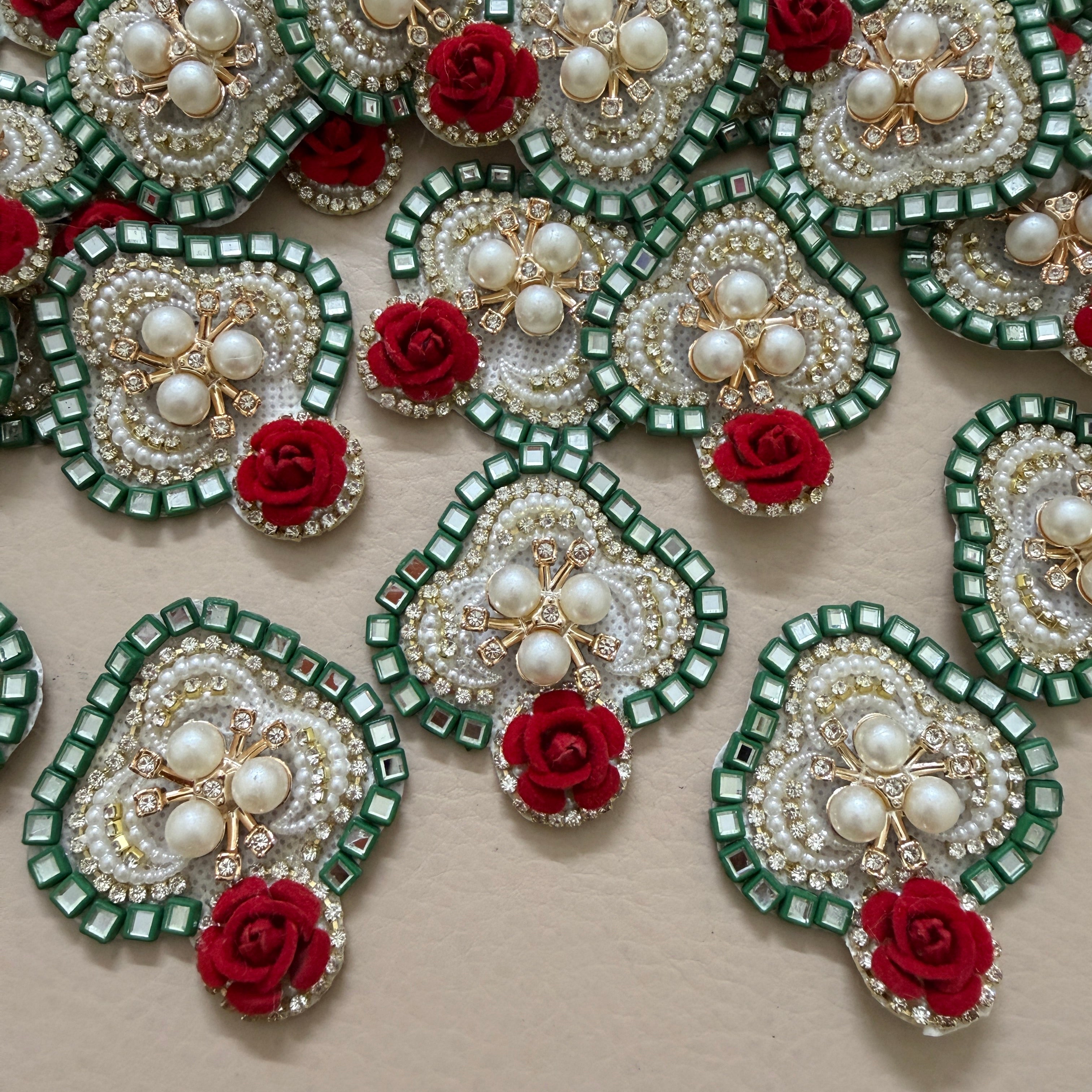Green Mirror & Red Velvet Rose Handcrafted Floral Heart Applique Patches - Pack of 10