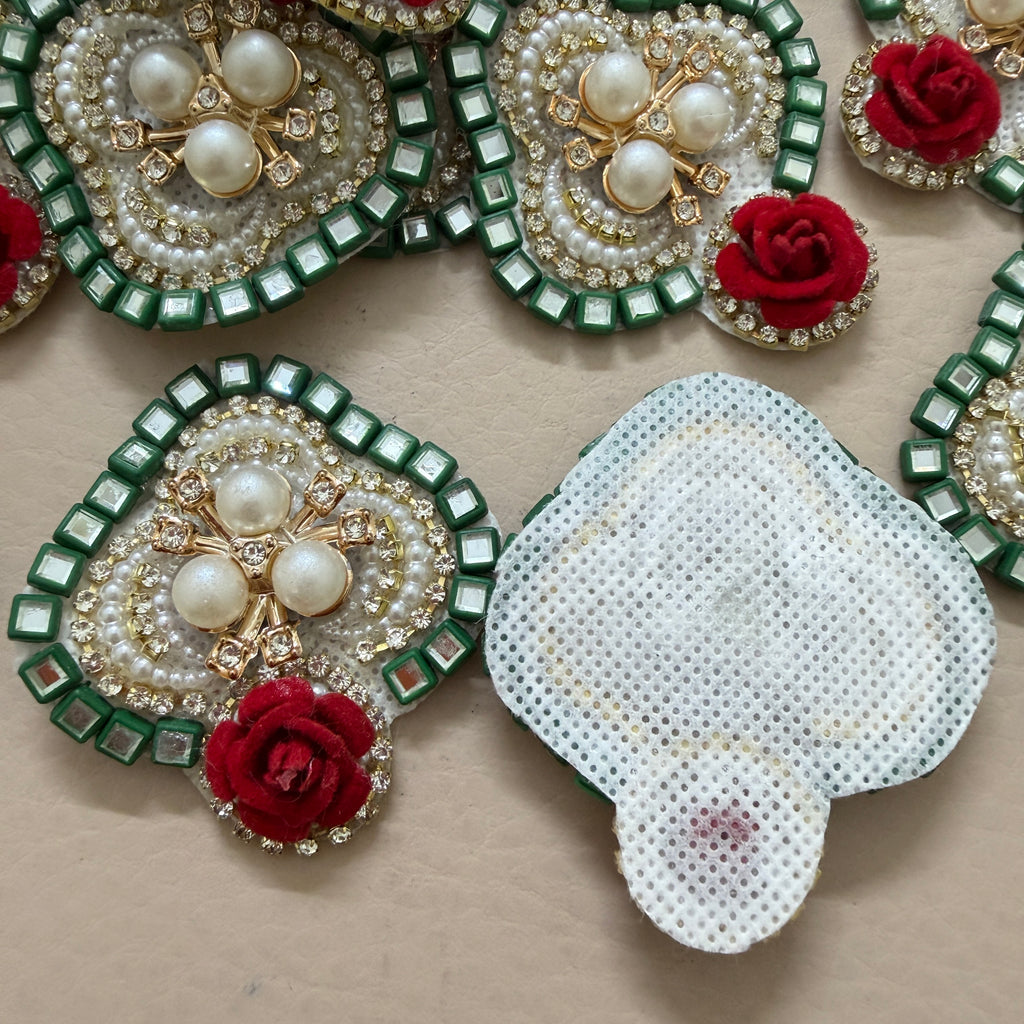 Green Mirror & Red Velvet Rose Handcrafted Floral Heart Applique Patches - Pack of 10