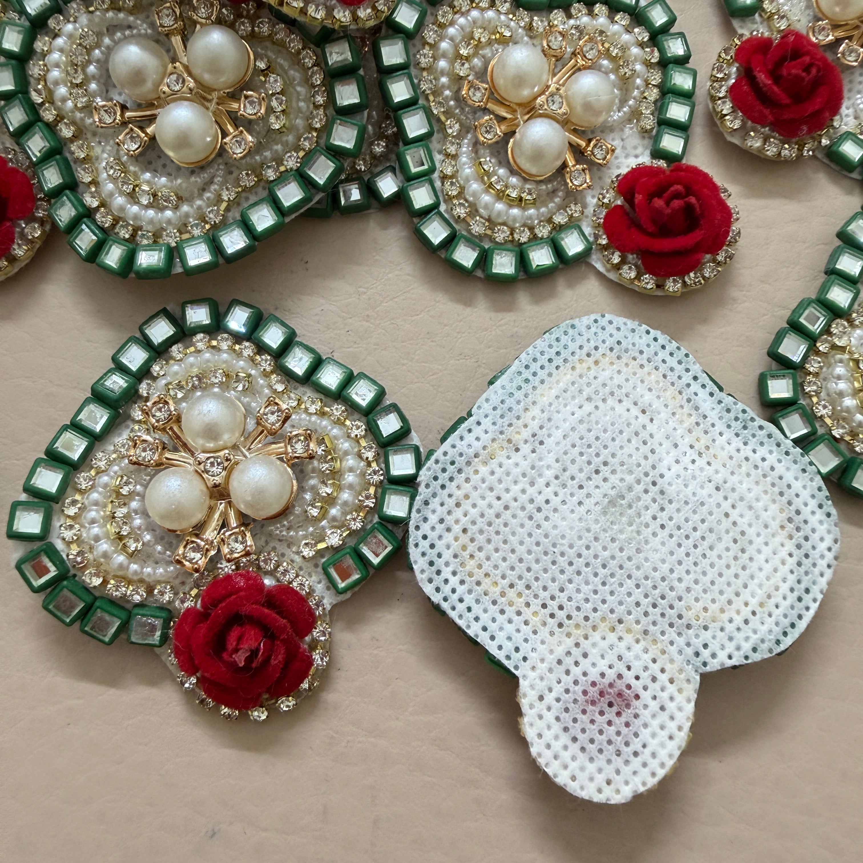 Green Mirror & Red Velvet Rose Handcrafted Floral Heart Applique Patches - Pack of 10
