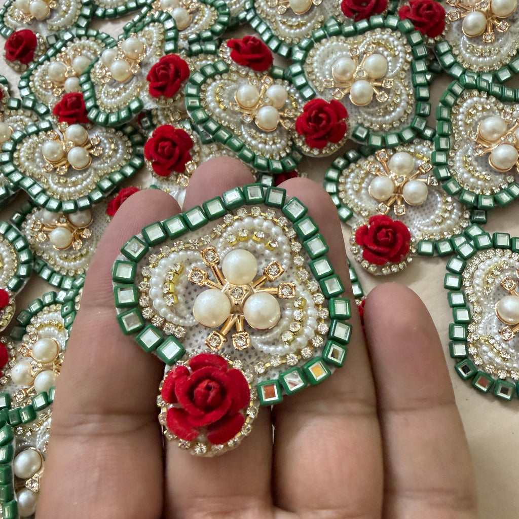 Green Mirror & Red Velvet Rose Handcrafted Floral Heart Applique Patches - Pack of 10