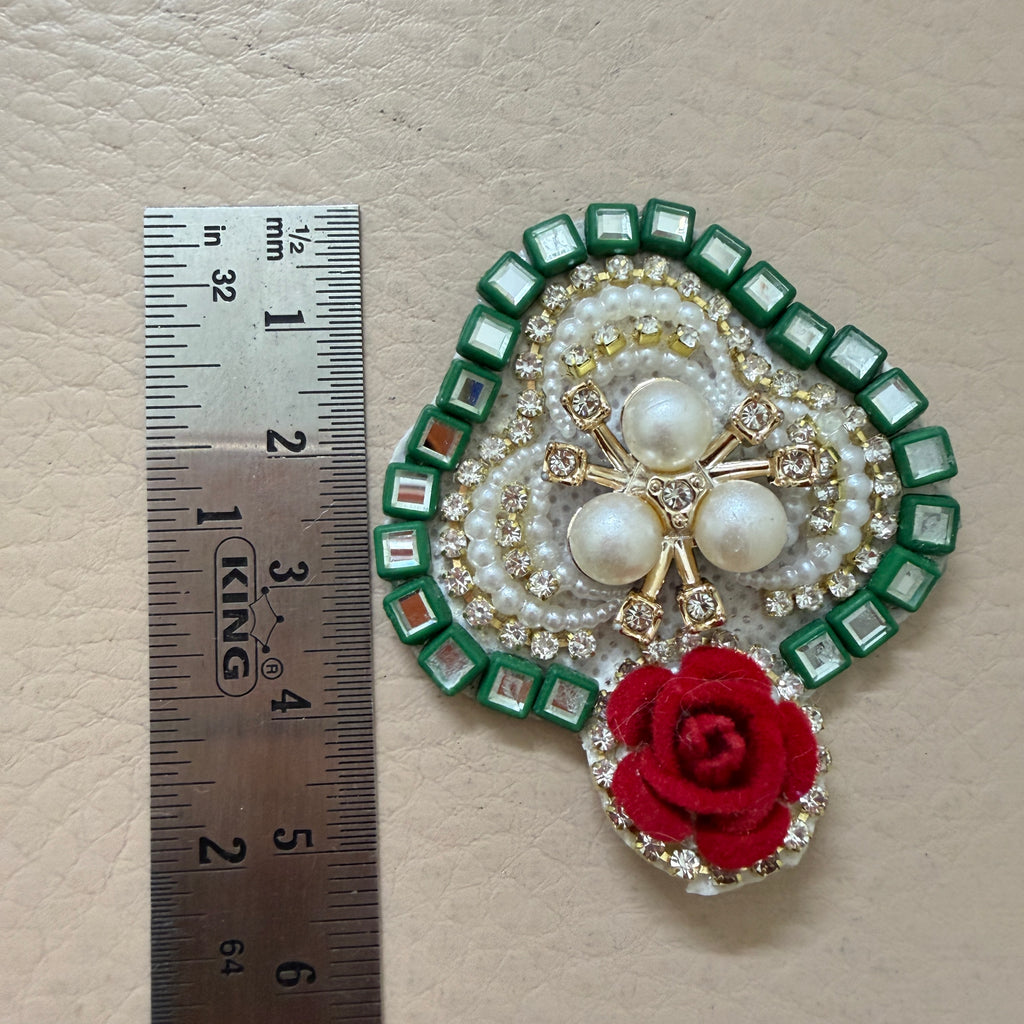 Green Mirror & Red Velvet Rose Handcrafted Floral Heart Applique Patches - Pack of 10
