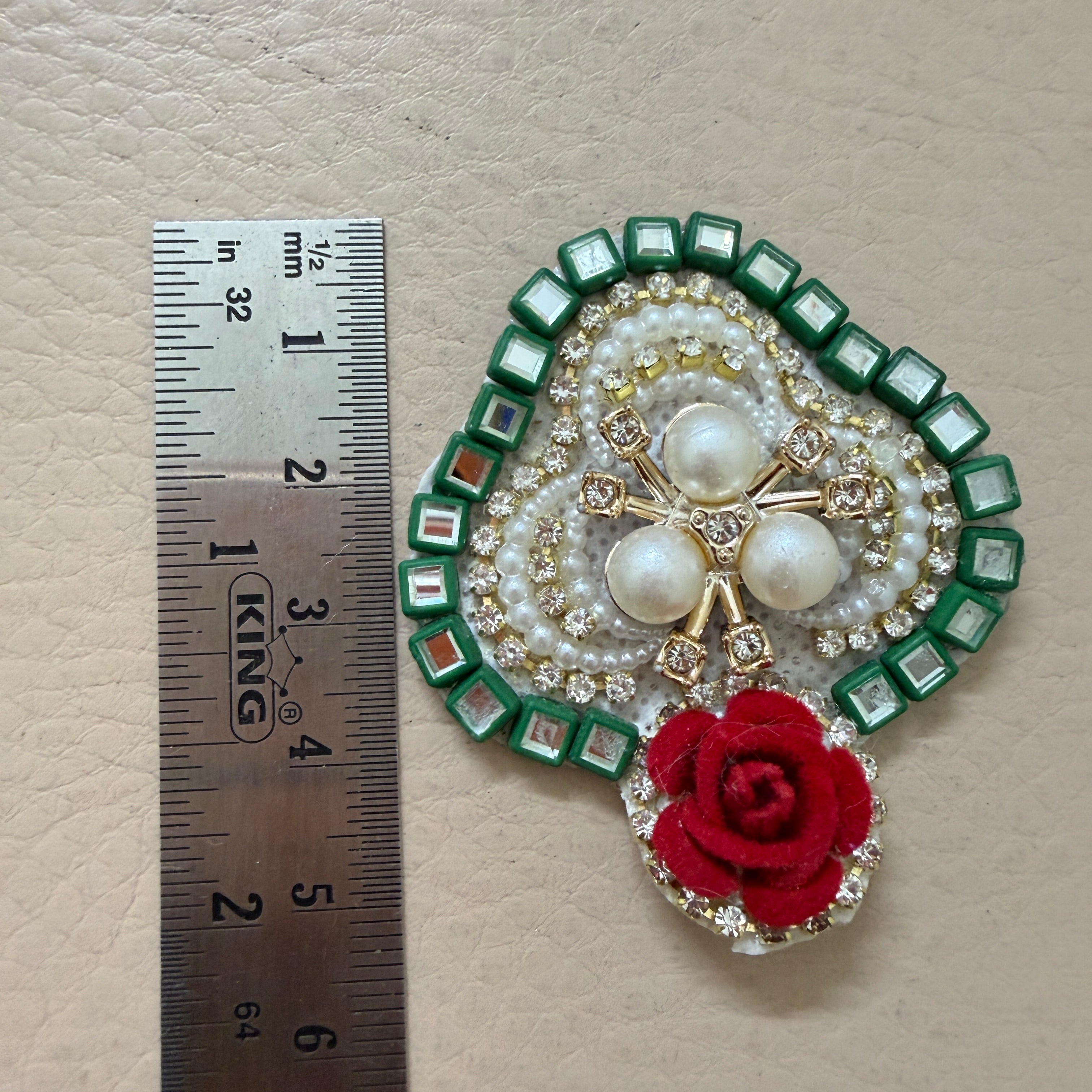 Green Mirror & Red Velvet Rose Handcrafted Floral Heart Applique Patches - Pack of 10