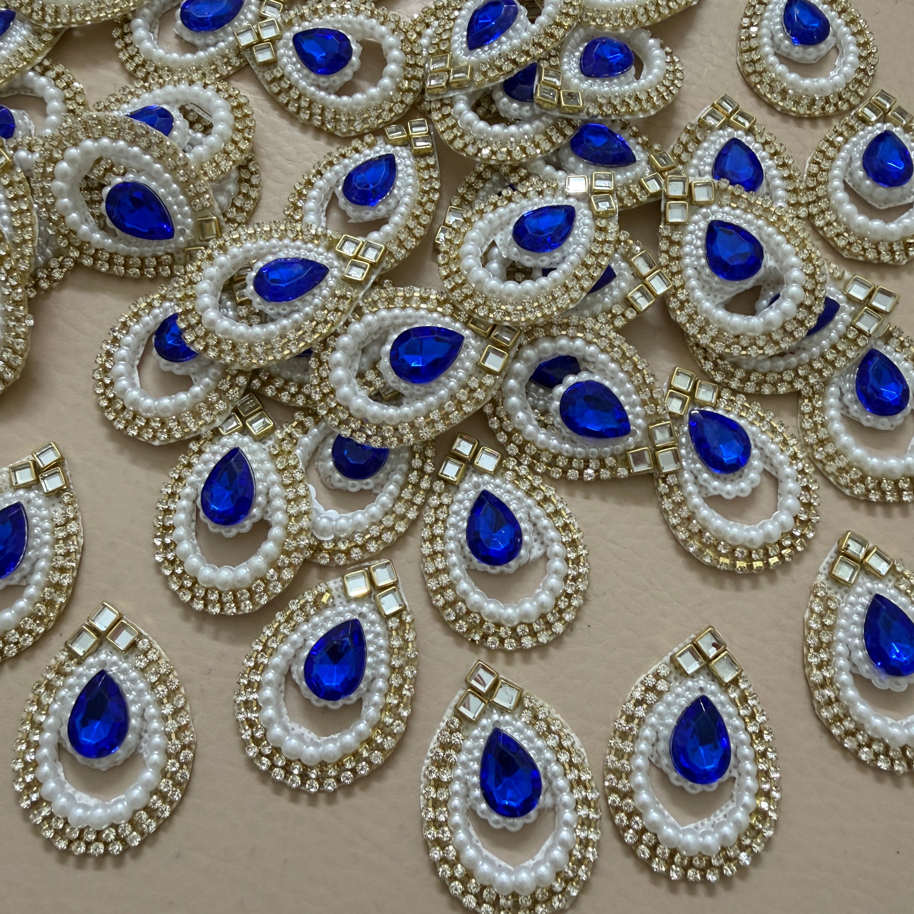 Royal Blue Teardrop Rhinestone & Pearl Applique Patches - Pack of 10