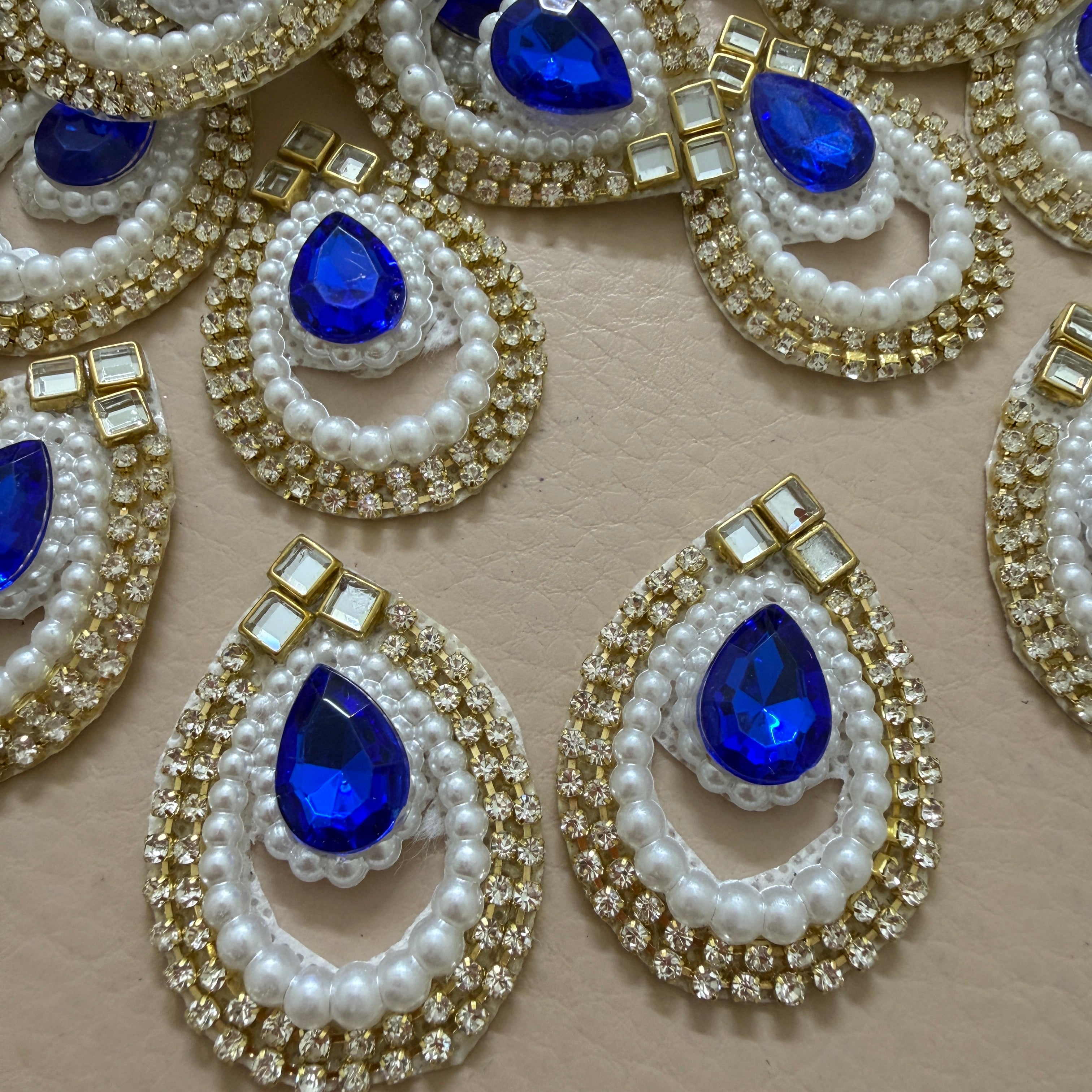 Royal Blue Teardrop Rhinestone & Pearl Applique Patches - Pack of 10