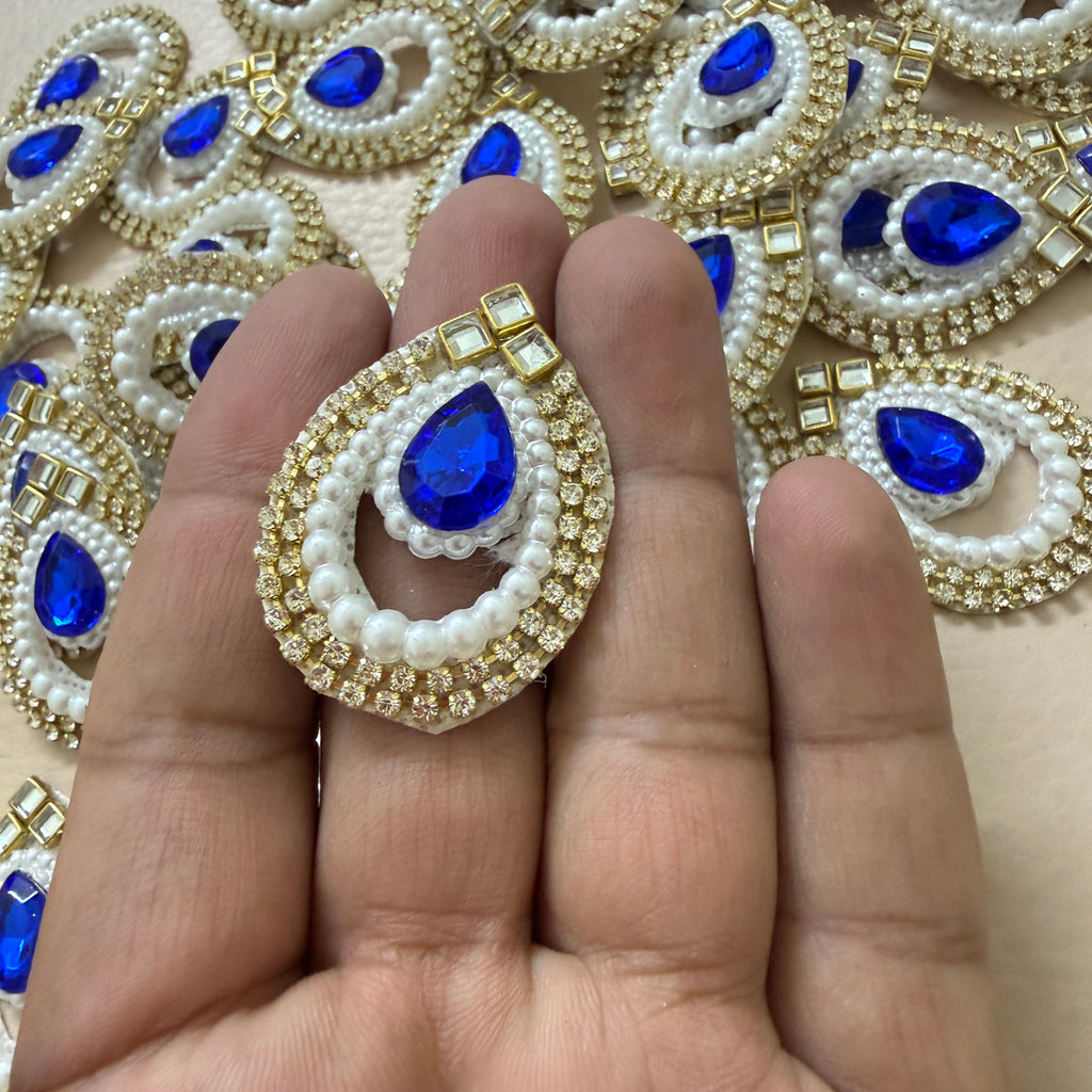 Royal Blue Teardrop Rhinestone & Pearl Applique Patches - Pack of 10