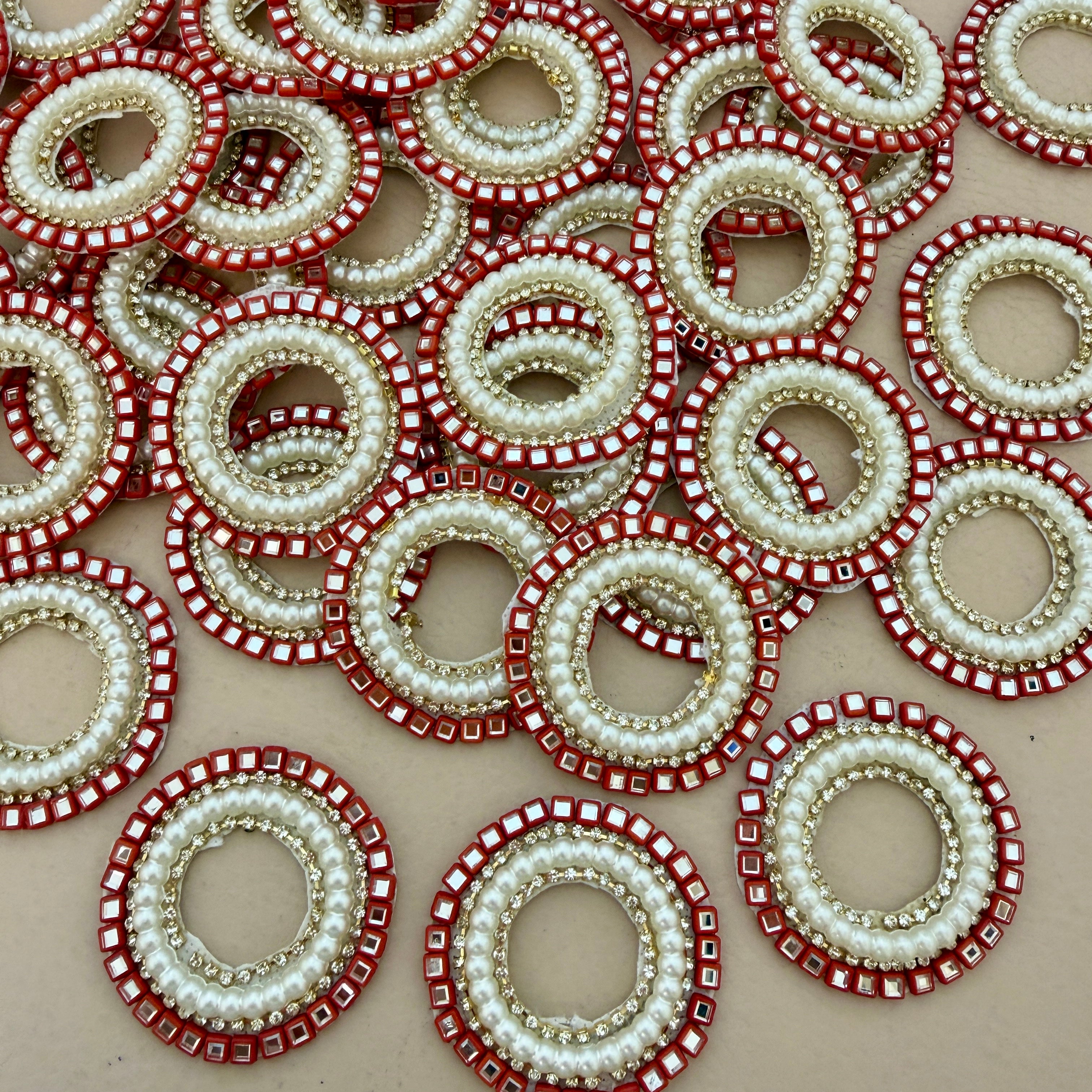 Luxury Red & Pearl Round Crystal Applique Patches -Pack of 10